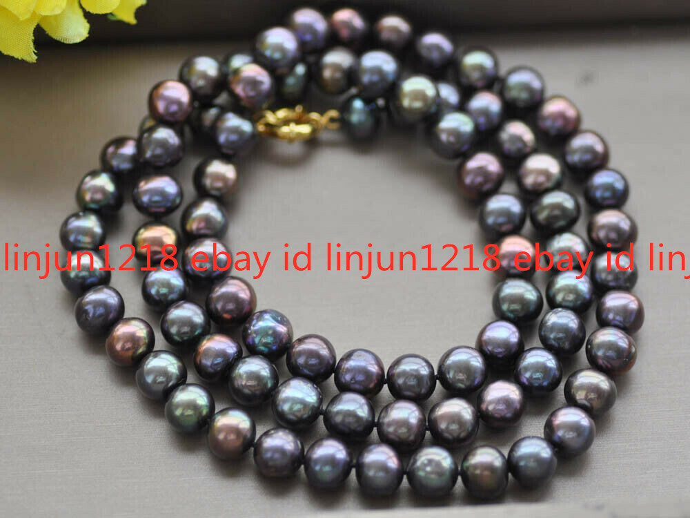 7-8mm Round Peacock-Black Freshwater Round Beads Pearl Necklace 18/24/30/36/50”