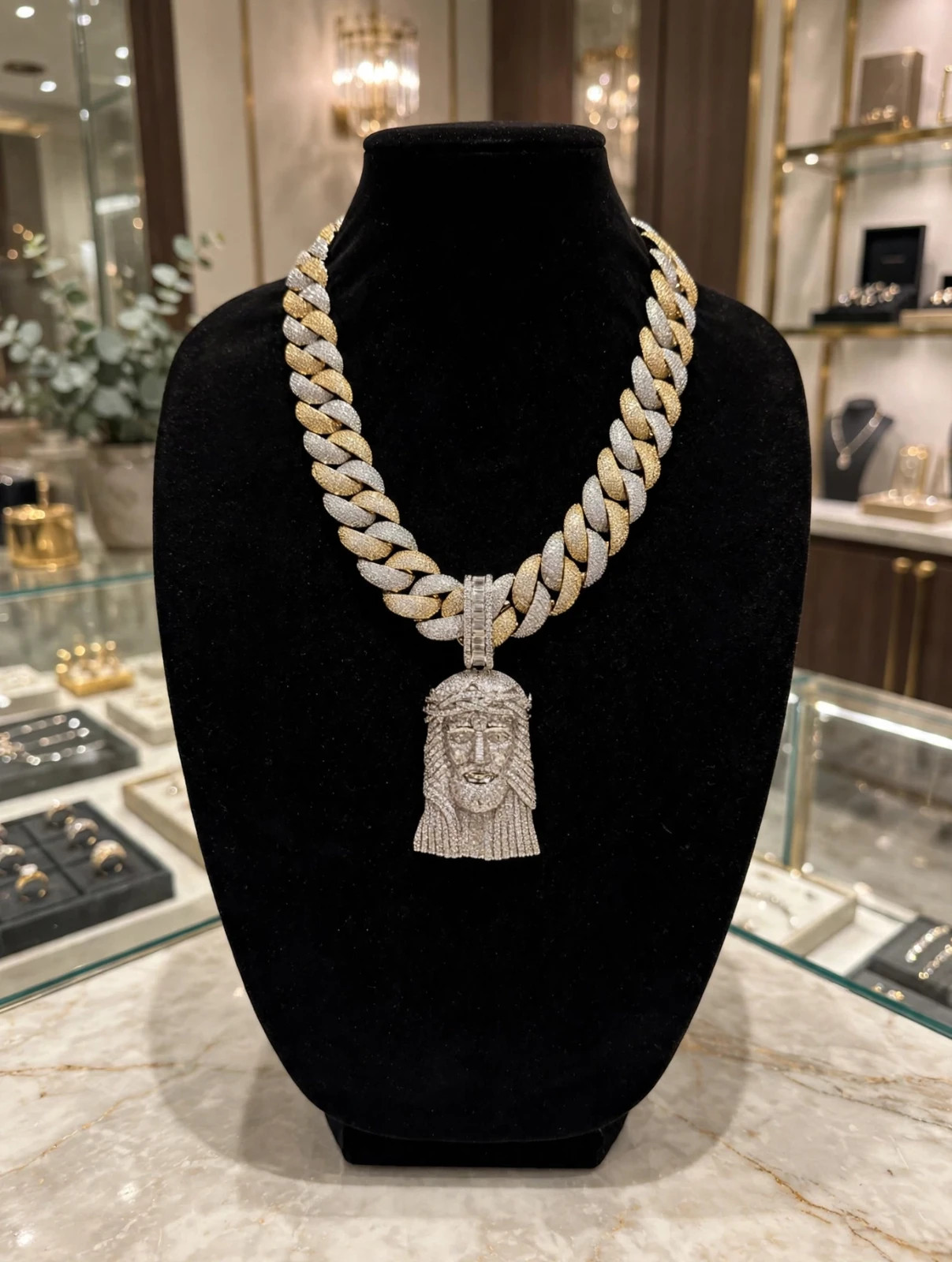 14k STAMPD XXL Jesus Pendant 24mm 196ct Lab Sim Diamond 2-Tone Gold 460g CHAIN