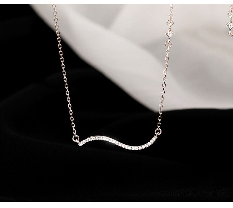 Silver S-shape Wave Pave Cubic Zirconia Pendant Chain Necklace