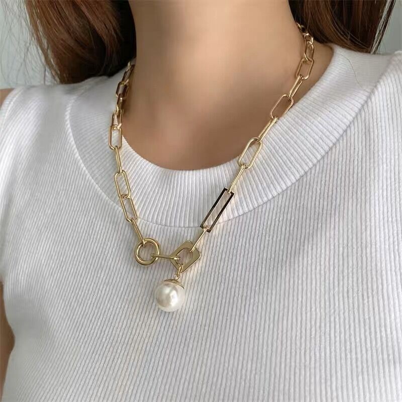 Woman 18K Gold Plated Stainless Steel Pearl Round Charm Rolo Link Chain Necklace