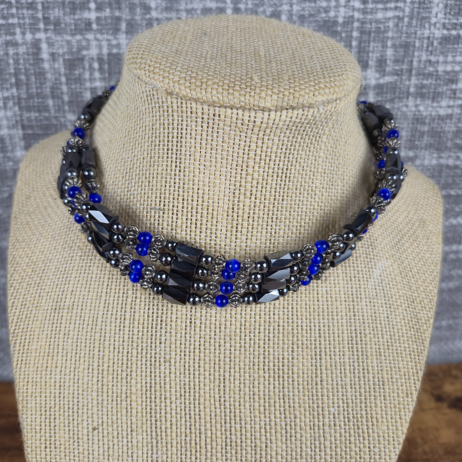 Hematite Magnetic Blue Black Beaded Wrap Bracelet Necklace Versatile Long 44″Vtg
