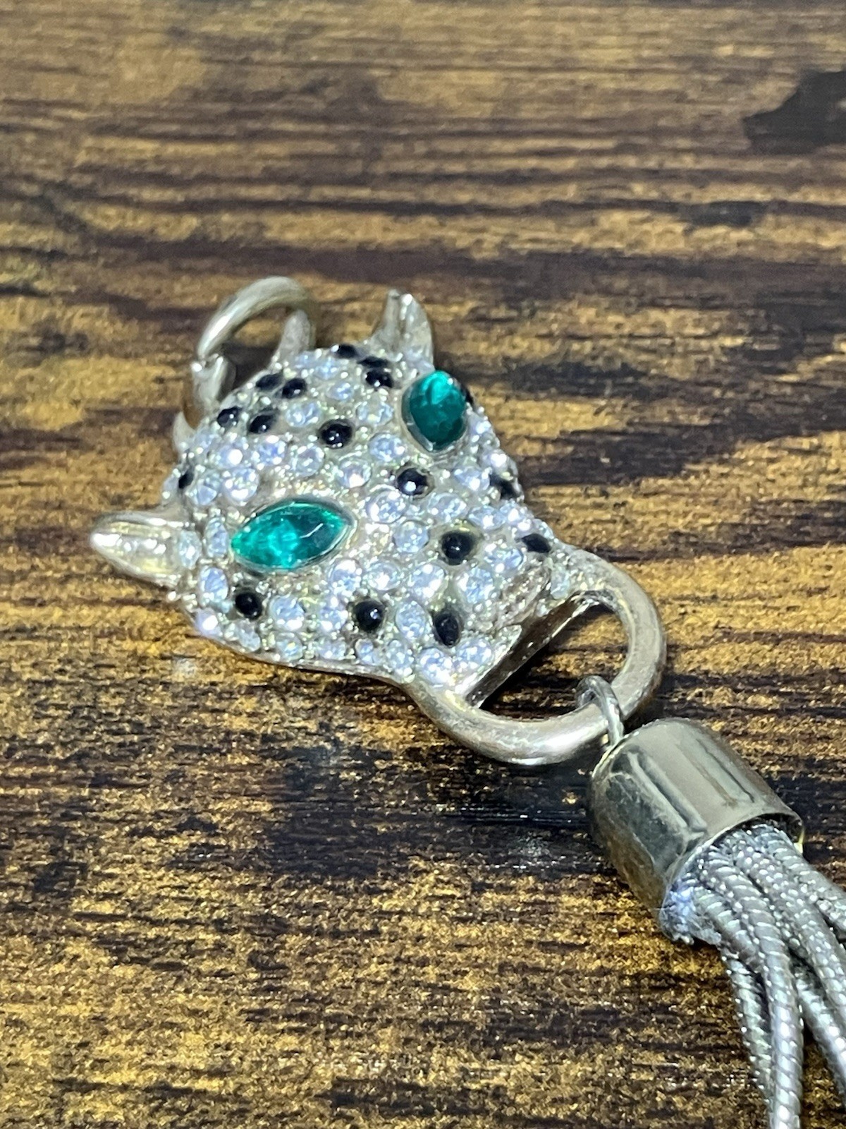 Apt 9 Cat Panther Simulated Crystal Silver Tone Pendant with Tassel 6.5 in.