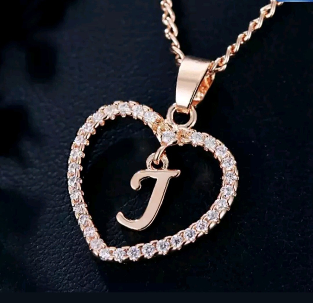 Letter Heart Necklace – Rose Gold Pendant Crystal Rhinestone Inital Charm Bling