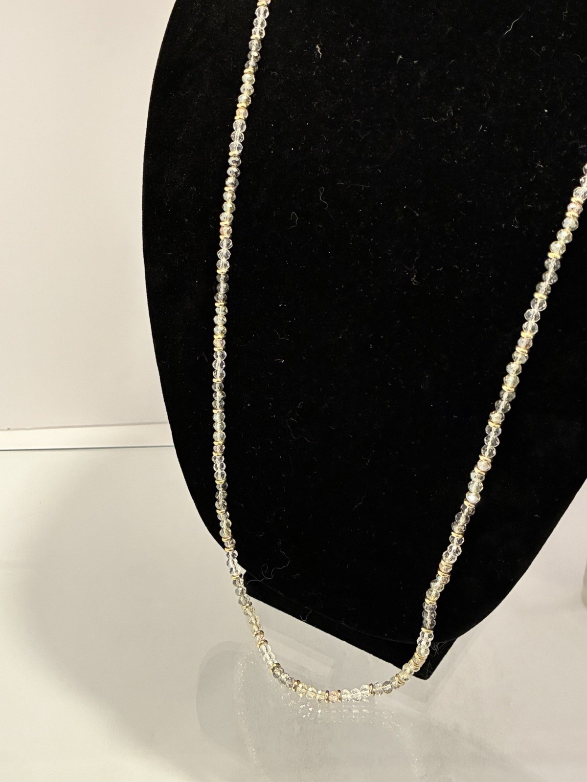 LOFT Long Beaded Necklace Gold Tone Faceted Clear Smoke Glass Crystal 34″ Opera