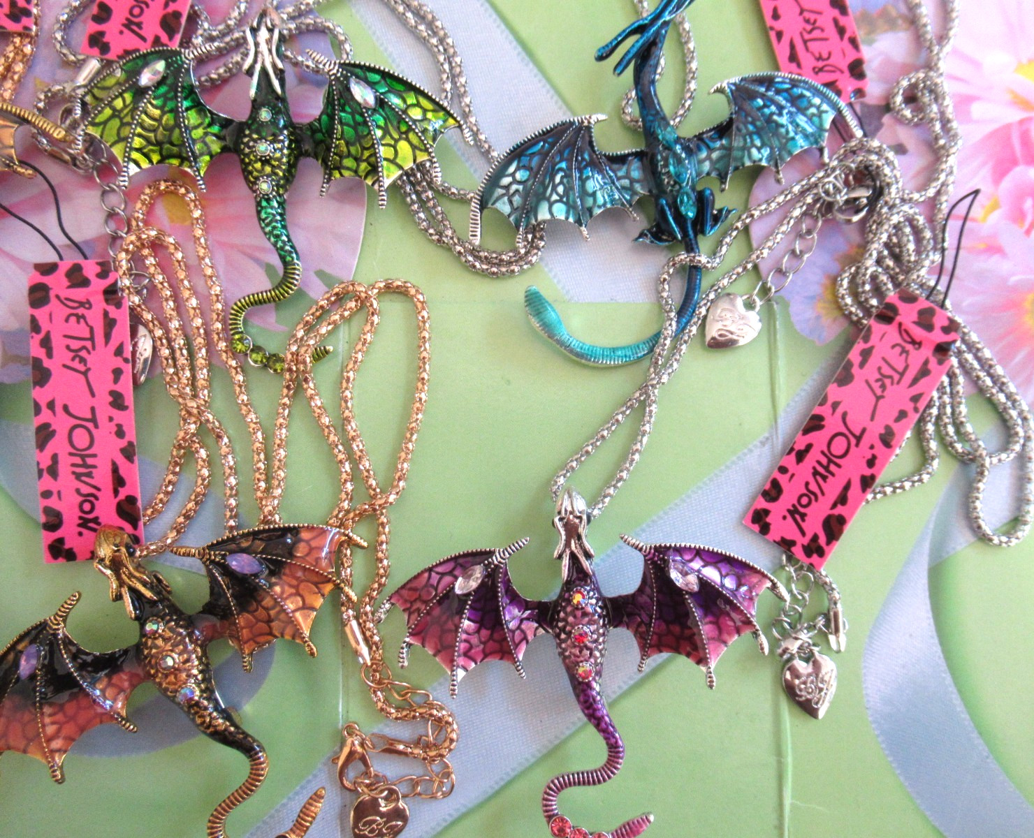LOT OF 6 BETSEY JOHNSON Rhinestone Novelty DRAGON Necklaces / Brooches NWT NEW