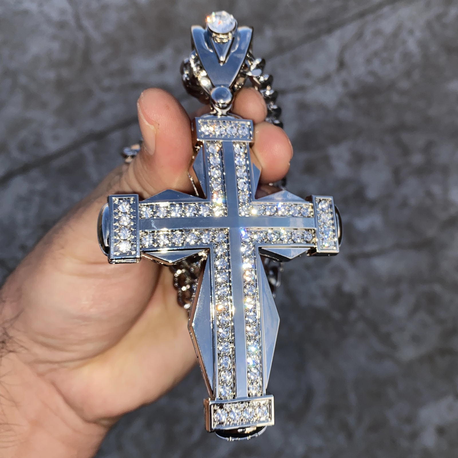 Men Huge Double Cross Pendant Jesus Necklace Silver Tone Hip Hop Cuban Chain 30″