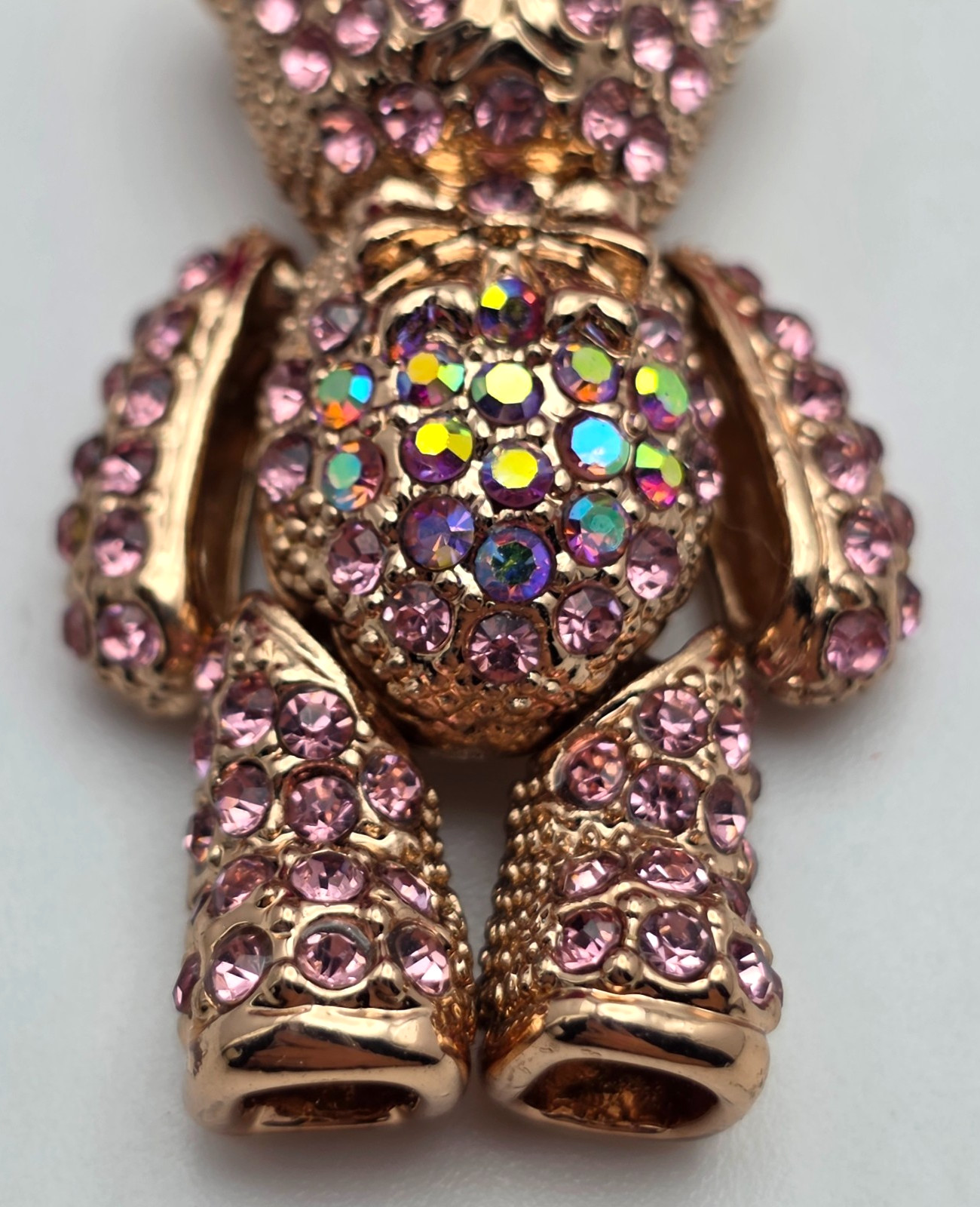 Rose Gold Tone Teddy Bear Pendant Necklace Pink AB Rhinestones 20 in Adj.