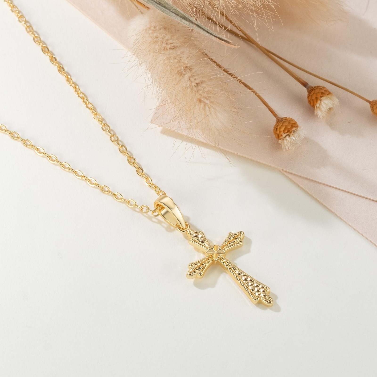 Gold Cross Necklace for Women, 14K Vintage-Inspired Pendant Chain, 26mm Jewelry
