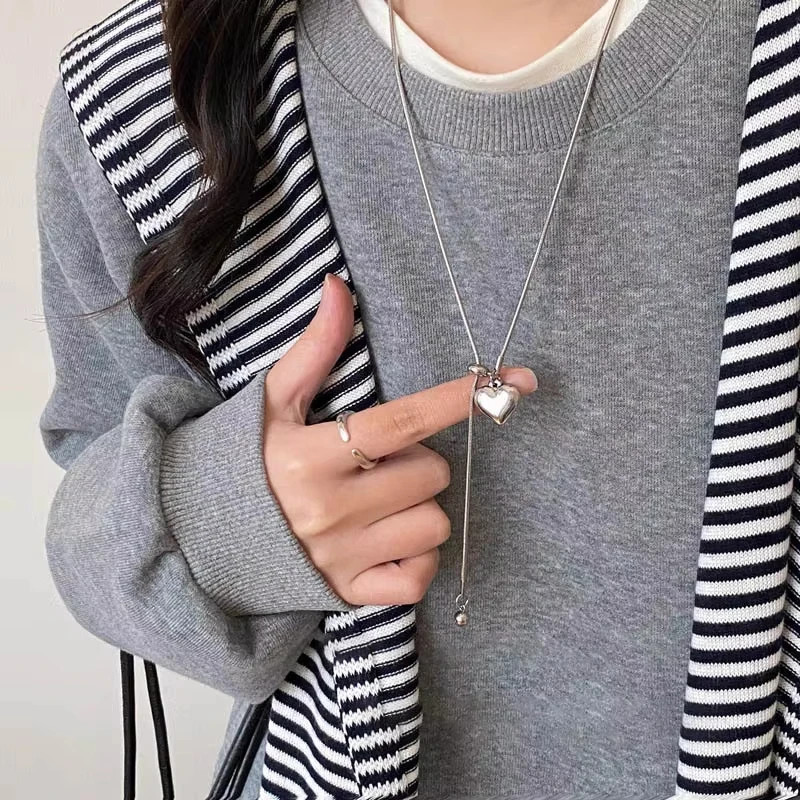Stainless Steel Heart Pendant Necklace Women Adjustable Long Chain Jewelry Gift