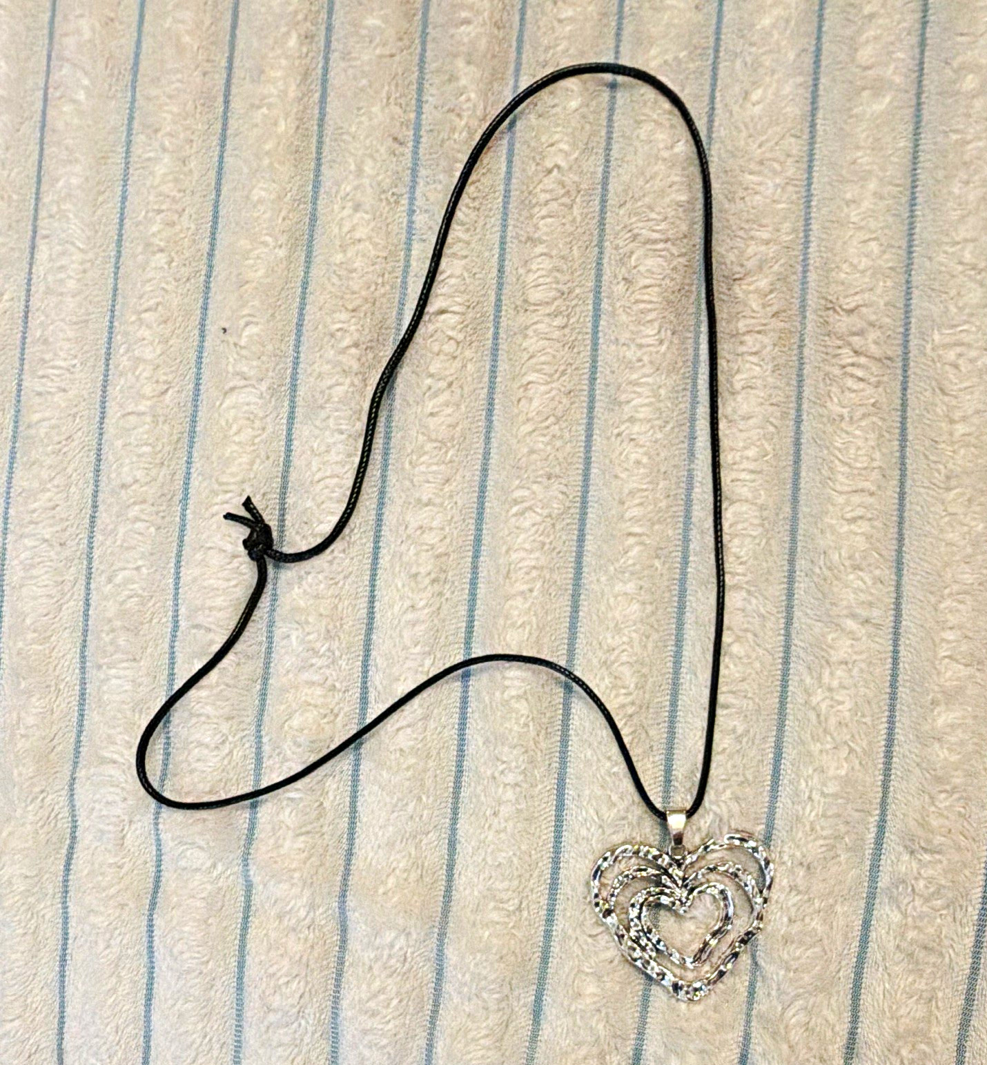 Silver Tone Heart Pendant Necklace Black Cord No Clasp