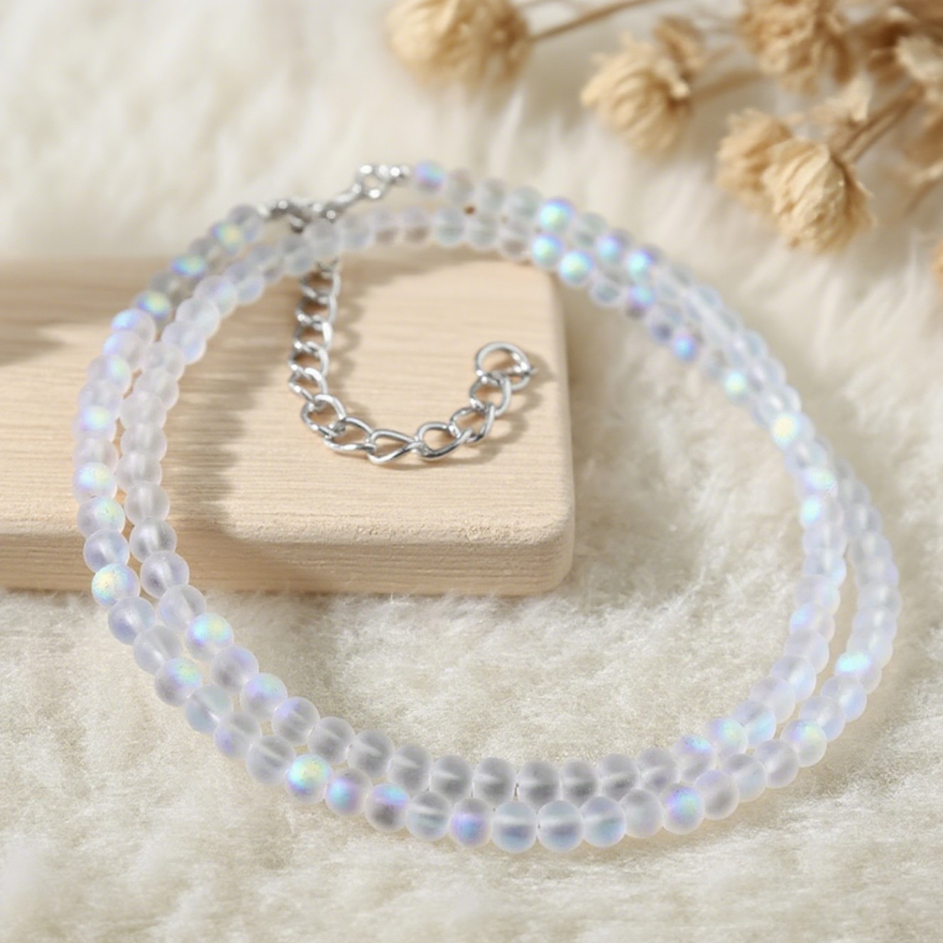 Angel Aura Quartz Necklace 4mm Dainty Iridescent Bead Choker Minimalist Gift