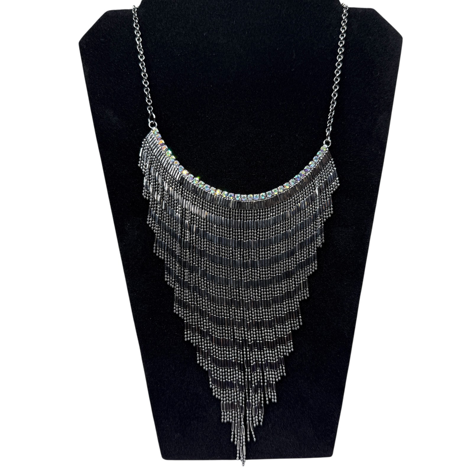 Antque Silver Tone Fringe Bib Statement Necklace Iridescent Crystal Accents