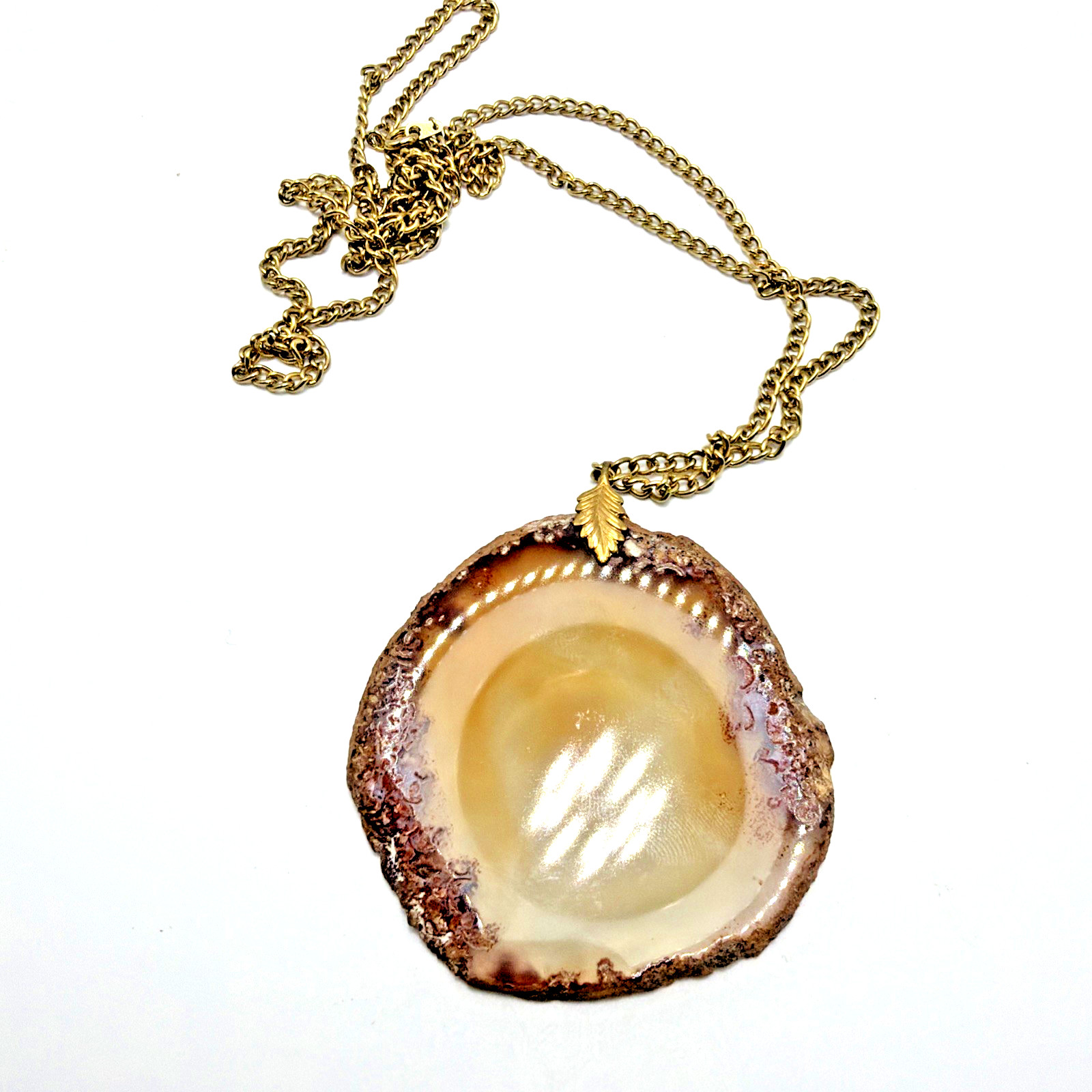 Coffee Colored Agate Slice Pendant Necklace Large Gold Toned Size