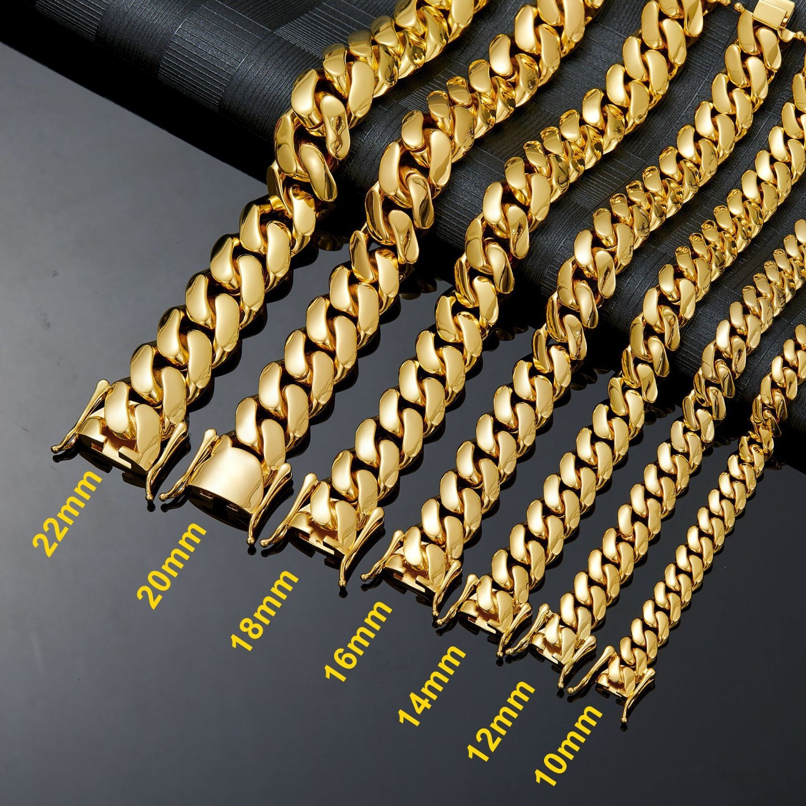 Men 10/12/14/16/18/20/22mm Flat Gold Tone Stainless Steel Miami Cuban Link Chain