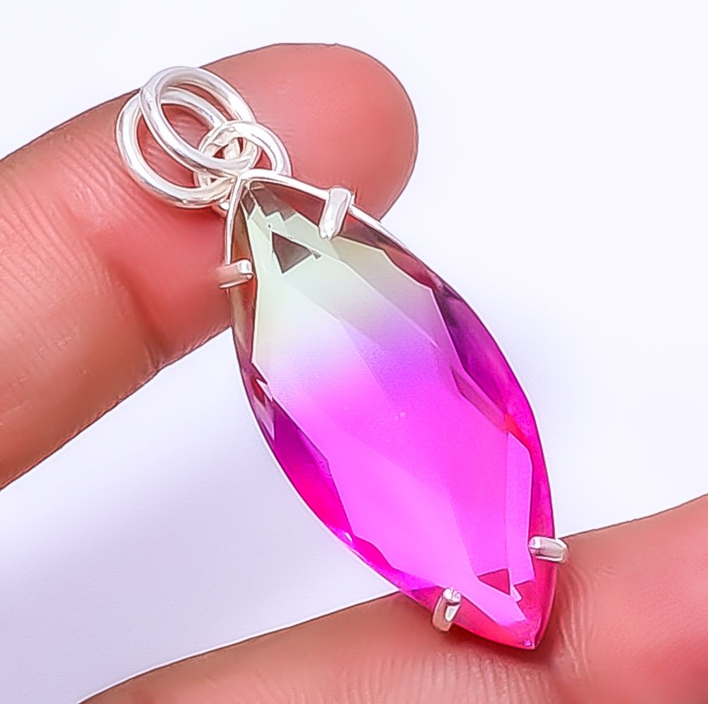 Bi Color Tourmaline Gemstone 925 Sterling Silver Pendant 1.95″ P7372-31