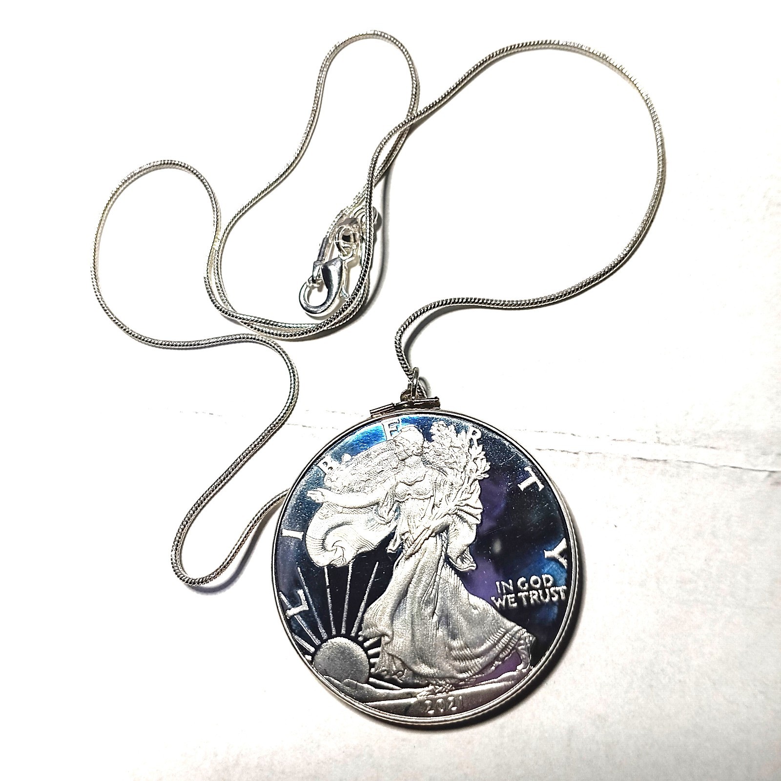 Silver-Plated Coin Necklace w/20″ 925 Sterling Solid Silver 1mm Snake Chain
