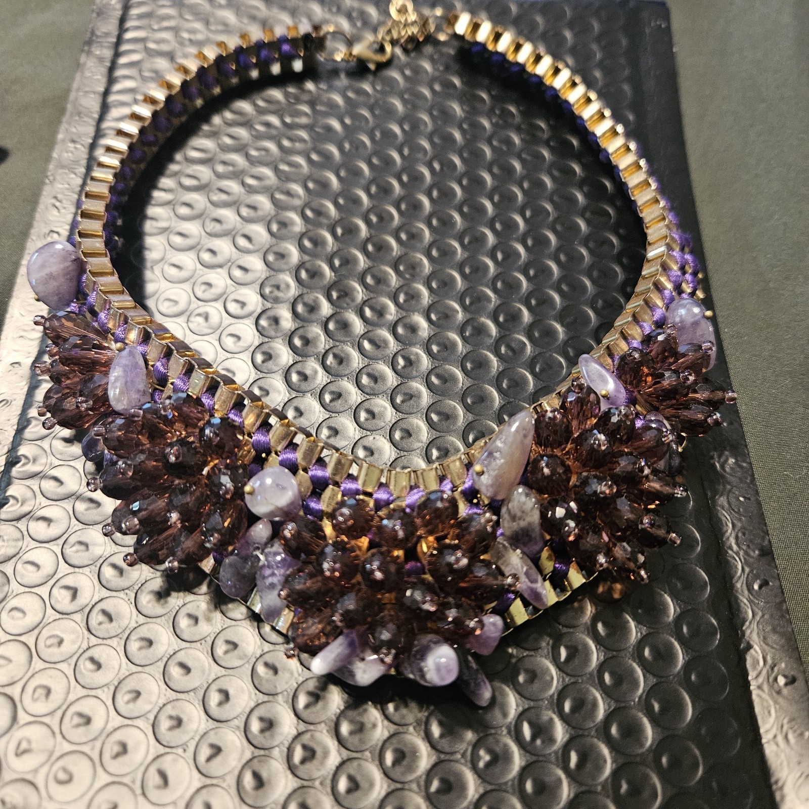 Purple Gold Tone Statement Bib Necklace Crystal Cluster Link Chain Adjustable