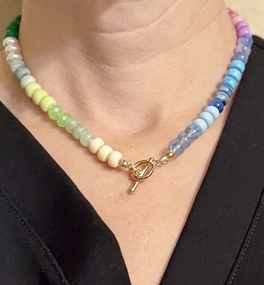 Multicolor Glass Beaded Necklace with Gold Tone Toggle Closure
