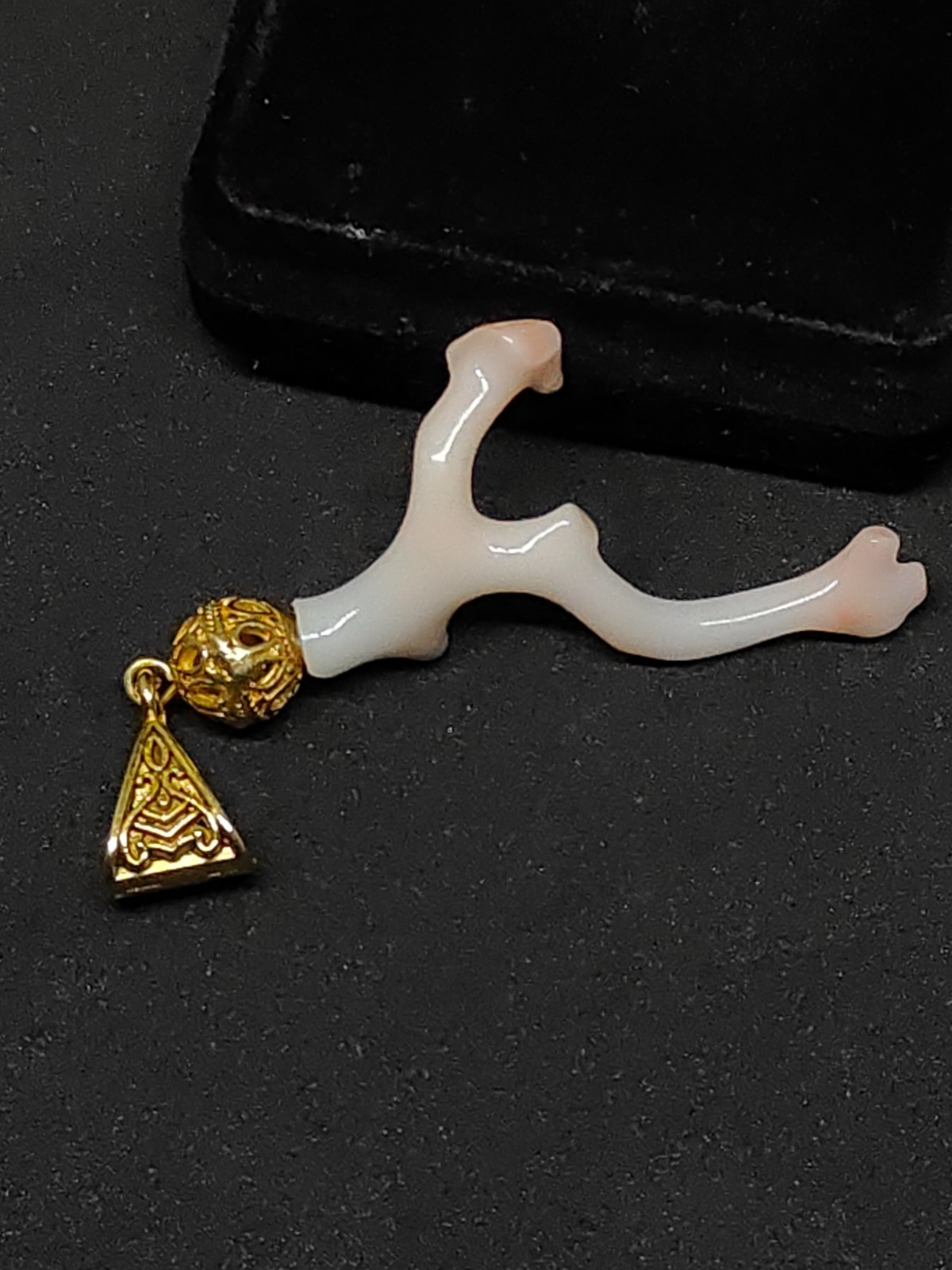 Pink White Japanese Coral Branch Pendant -Smooth Polished Gold Tone Brass