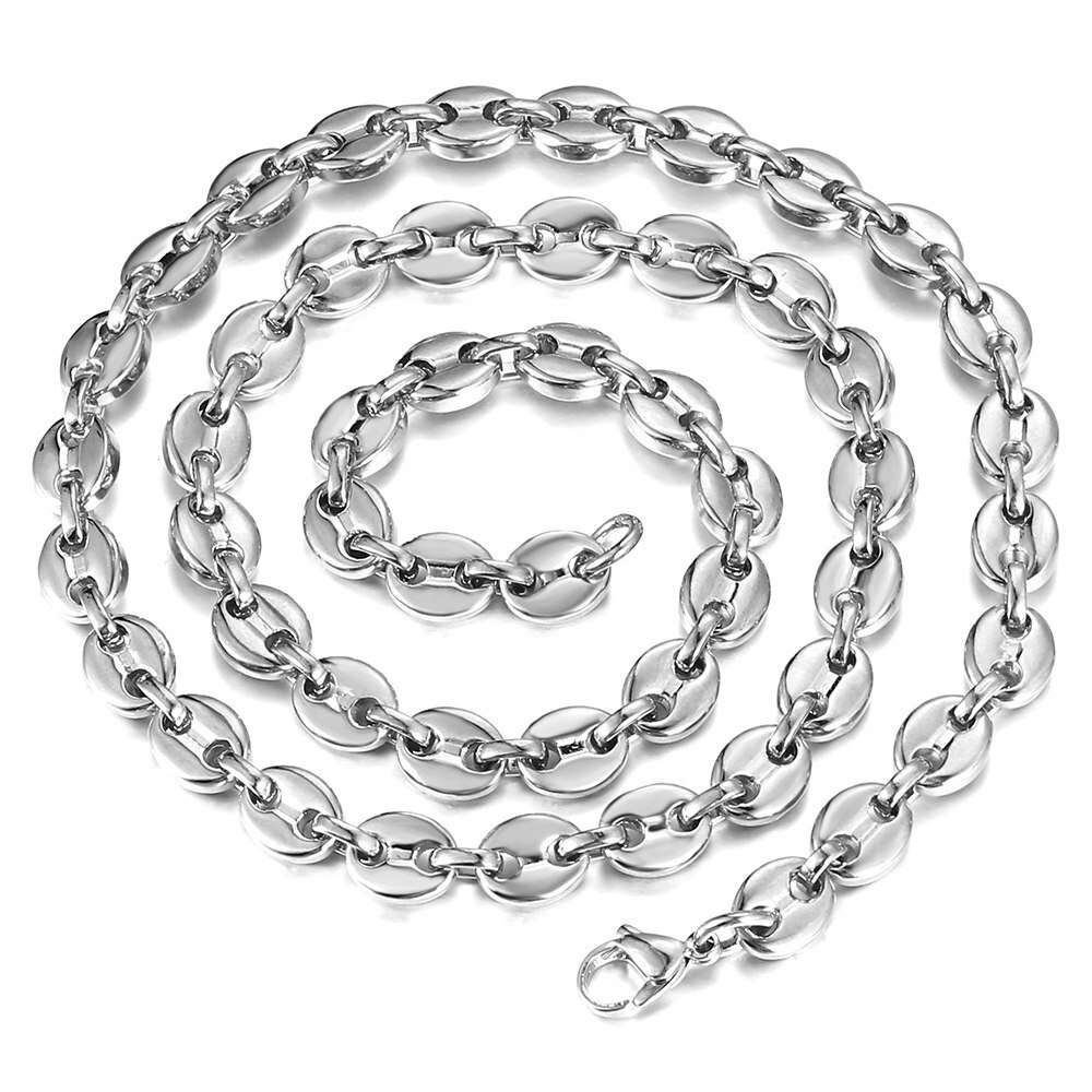 7/9/11mm Men Coffee Beans Marina Link Chain Necklace Gold Plated Stainless Steel