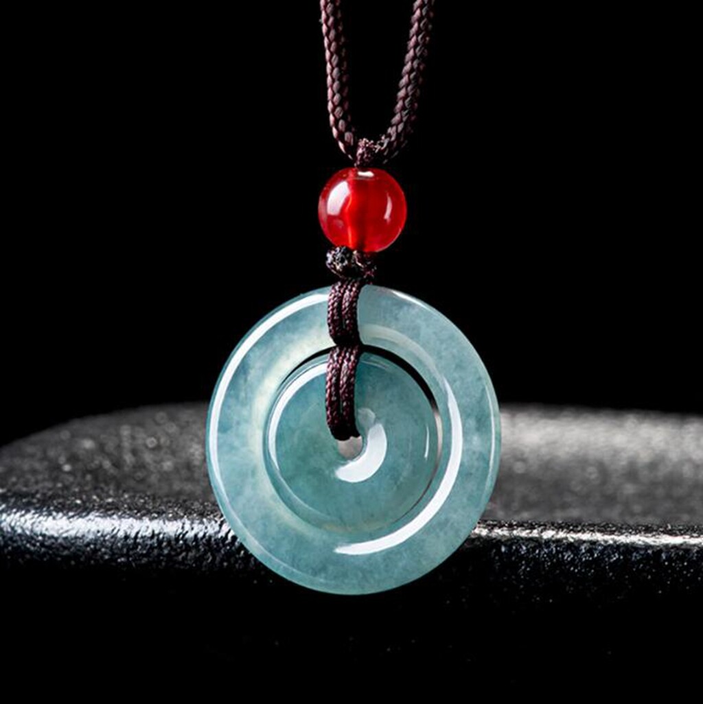 Certified Green Natural Burma A Jade jadeite Circle Donut Lucky Pendant Necklace