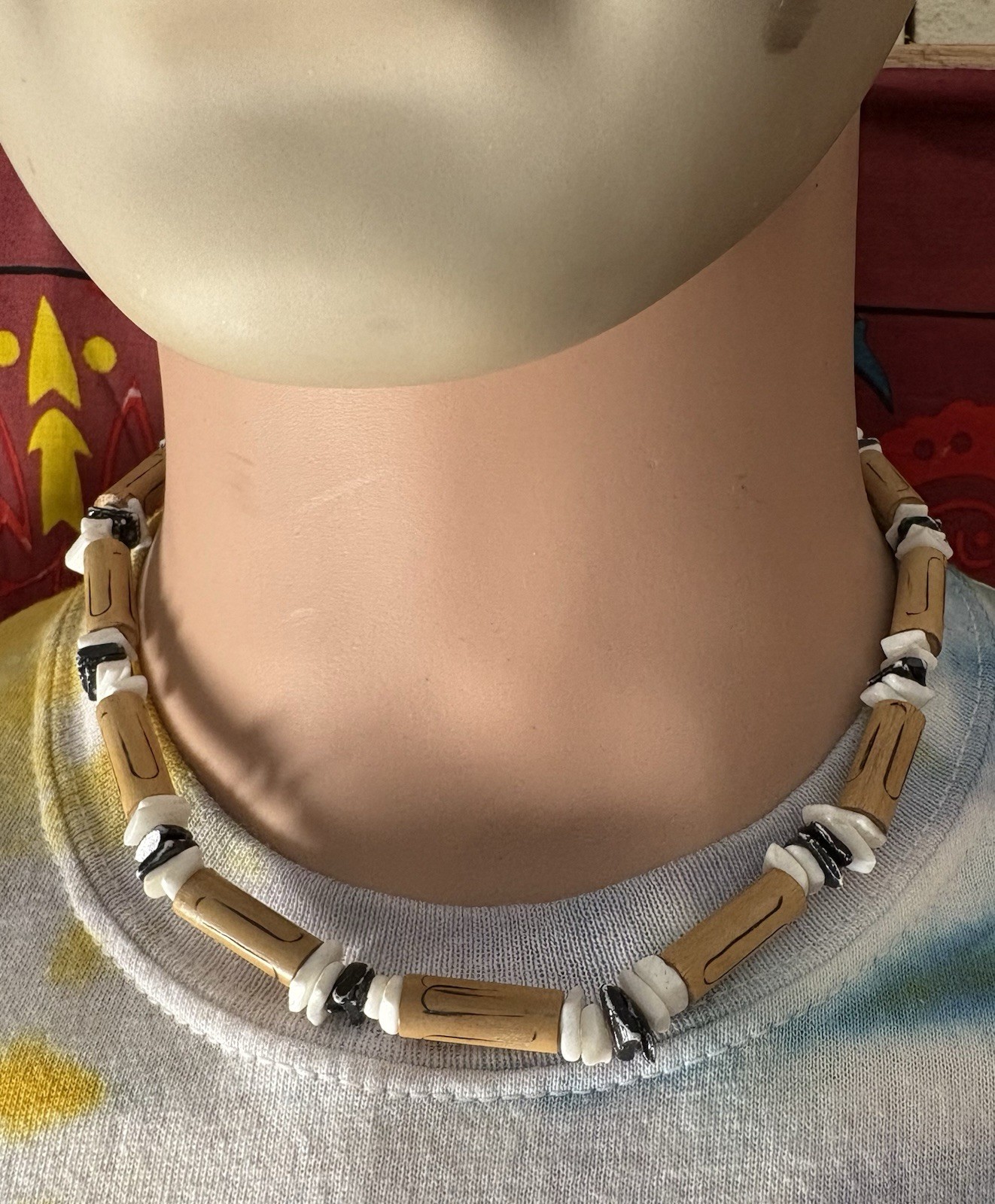 Wood Tube Bead Choker Necklace Black White Cord Tan Beaded Boho Adjustable