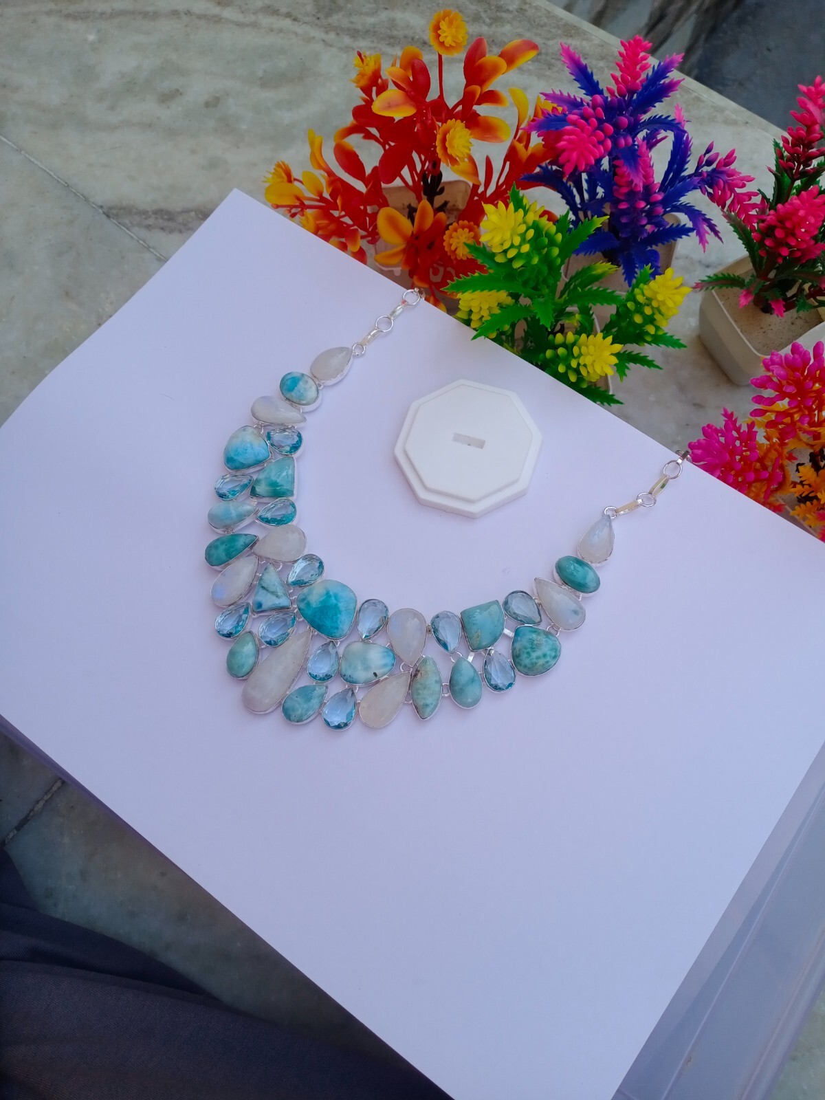 Natural Moonstone Necklace, Silver Plated Necklace, Larimar, Aquamarine Stone