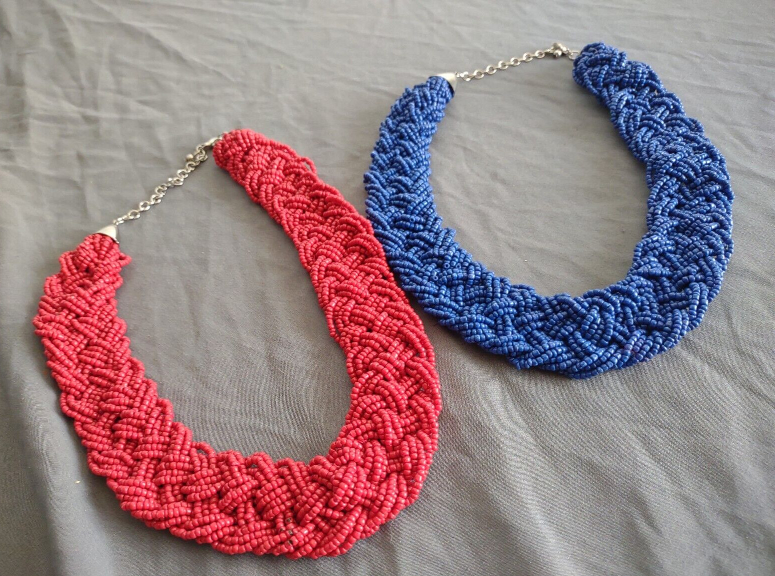 Statement Boho Glass Seed Bead Necklace Jewelry Lot Red Blue Chunky Braided