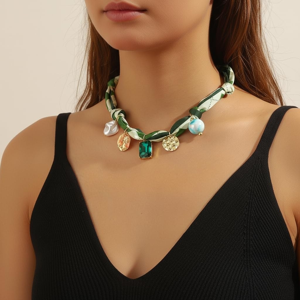 Scarf Bandana Necklace with Charm Colorful Silk Flower Crystal Medium, Green