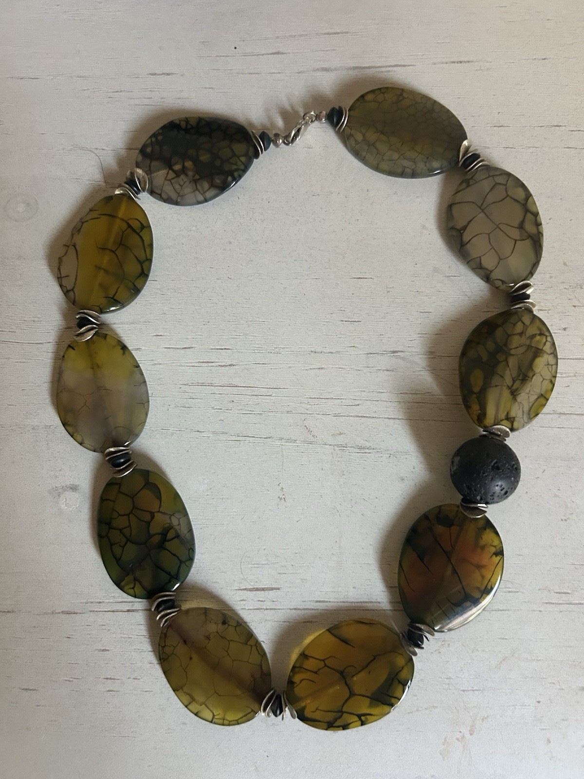 Green Serpentine Lava rock Sterling Silver Beaded Necklace, 18 inches, Clasp