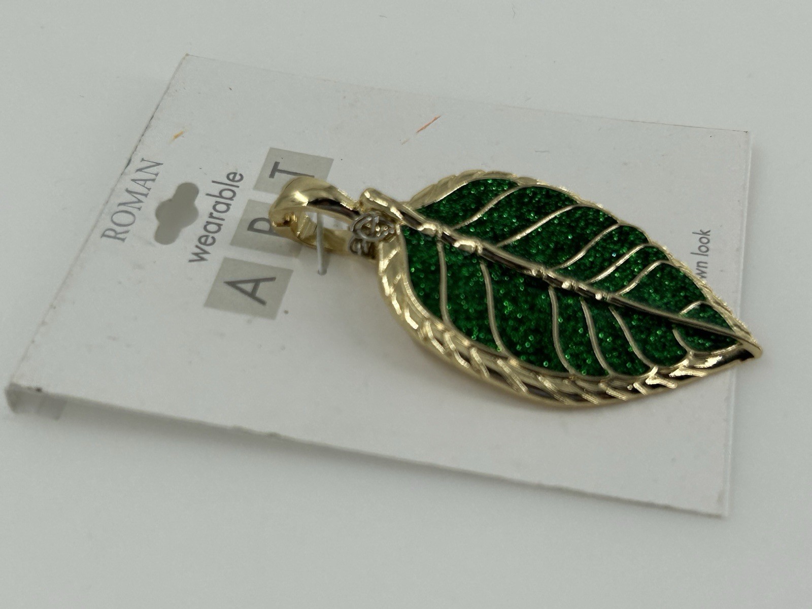 Roman Wearable Art Pendant Green Glitter Enamel Gold Tone 3 Inch