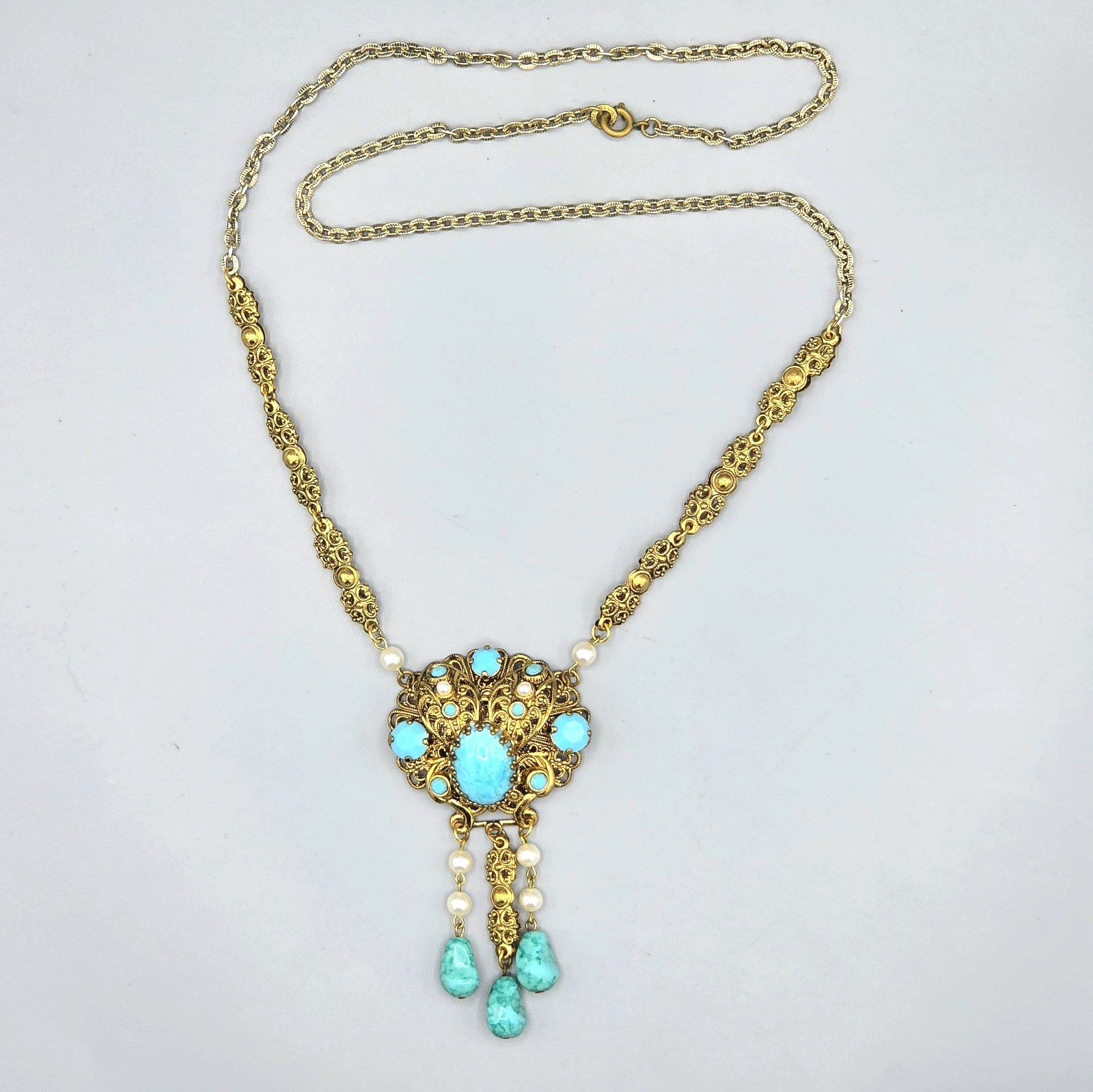 WEST GERMANY Turquoise Mottled Art Glass Drop Faux Pearl Sautoir Necklace 26″
