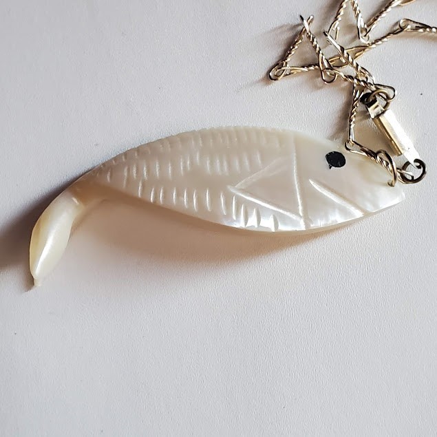 Carved Shell Fish Pendant Necklace Silver Tone Chain White Coastal Boho