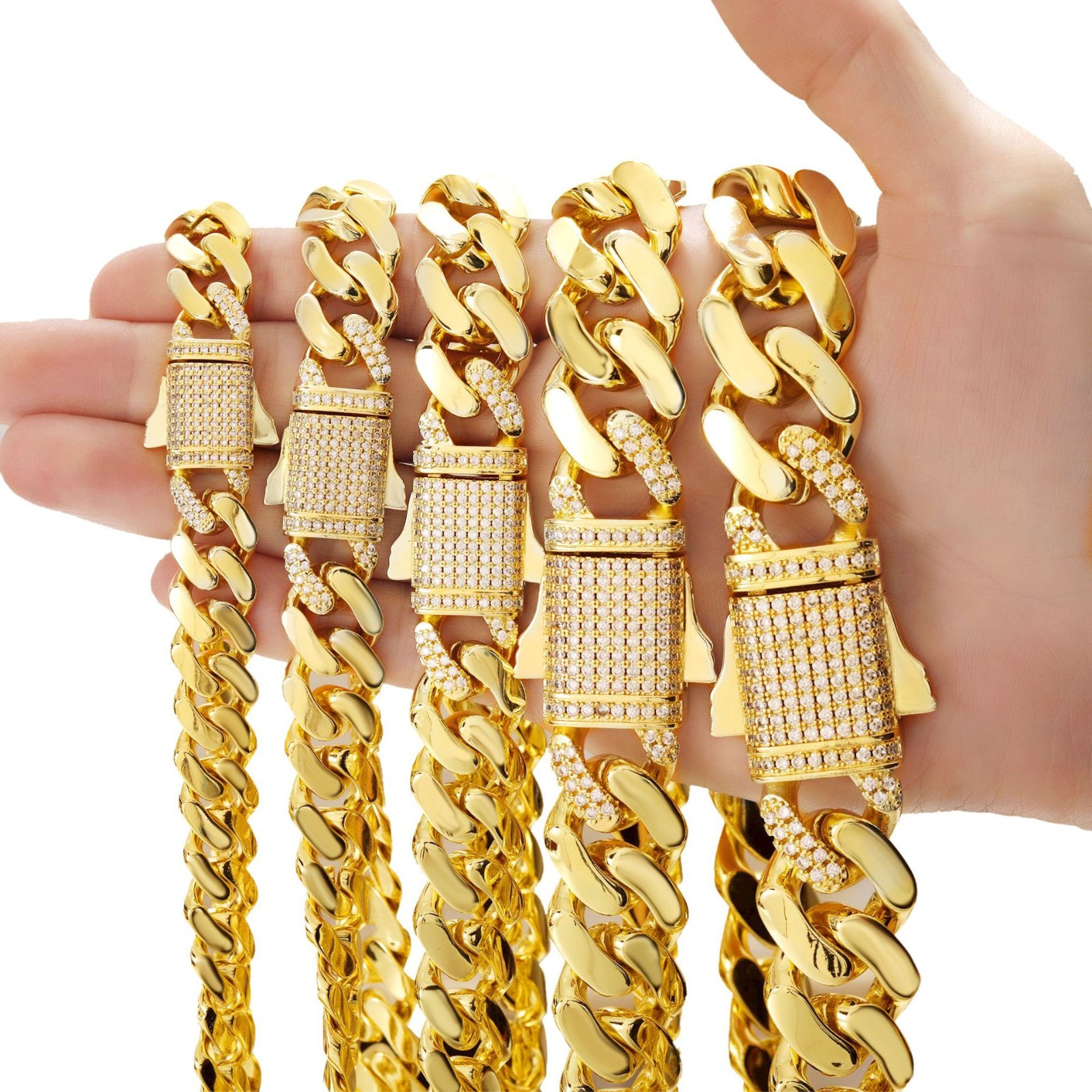 New 14K Gold Miami Cuban Link Chain 6-14mm Women Men CZ Stainless Steel Necklace