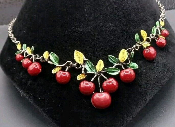 Sweet Red CHERRY Leaf Blossom Choker Betsey Johnson Enamel Necklace Earrings SET