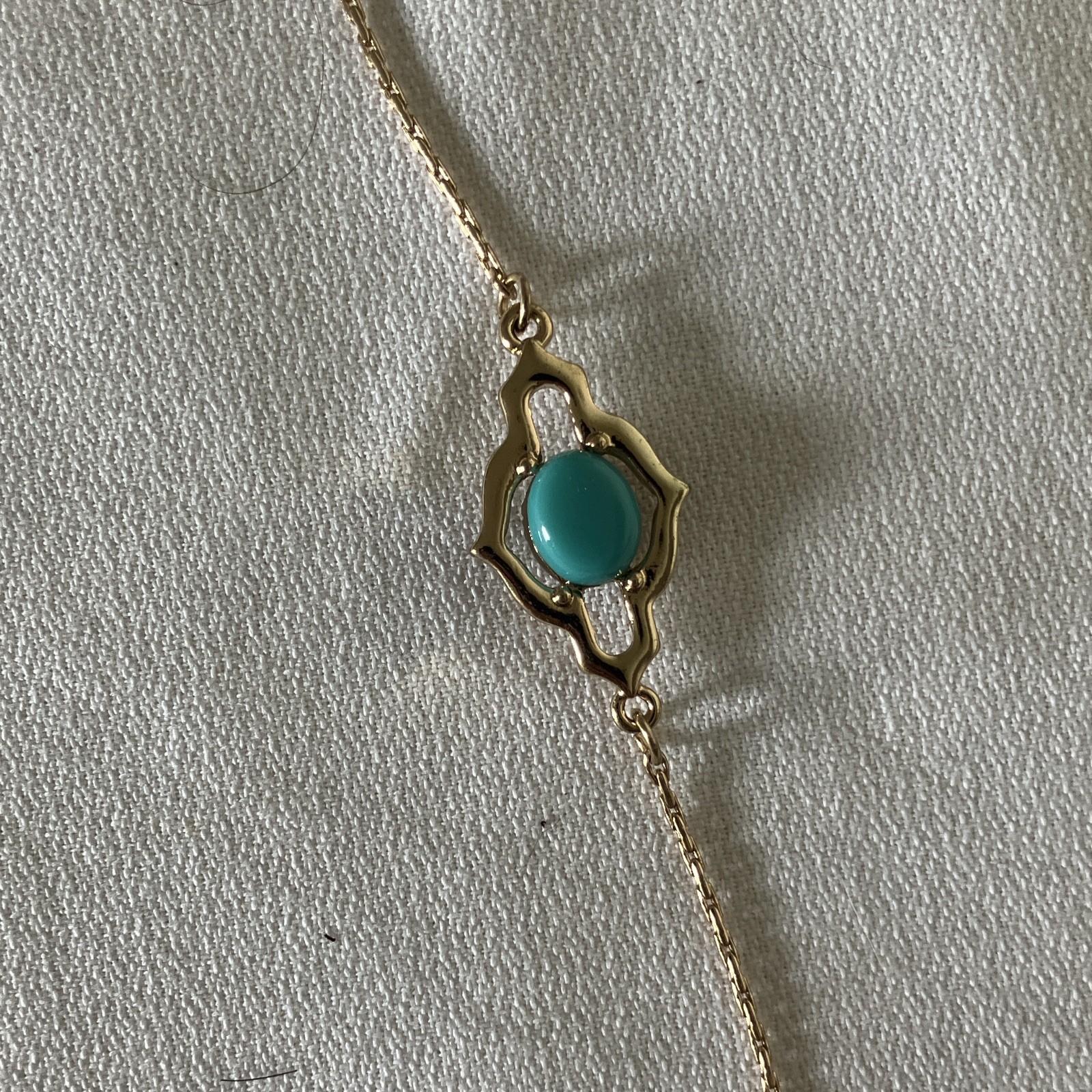 Gold Tone Boho Station Chain Necklace Blue Cabochon 18in Adjustable