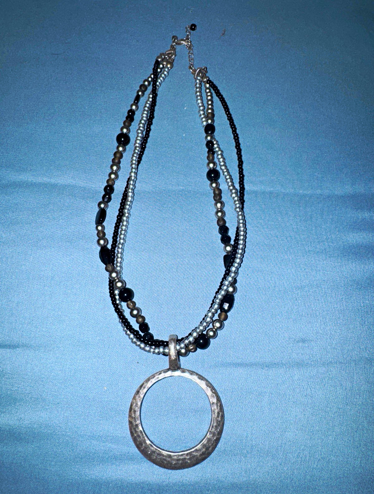Premier Designs Statement Necklace Multi Strand Silver Black Beads Hammered Circ