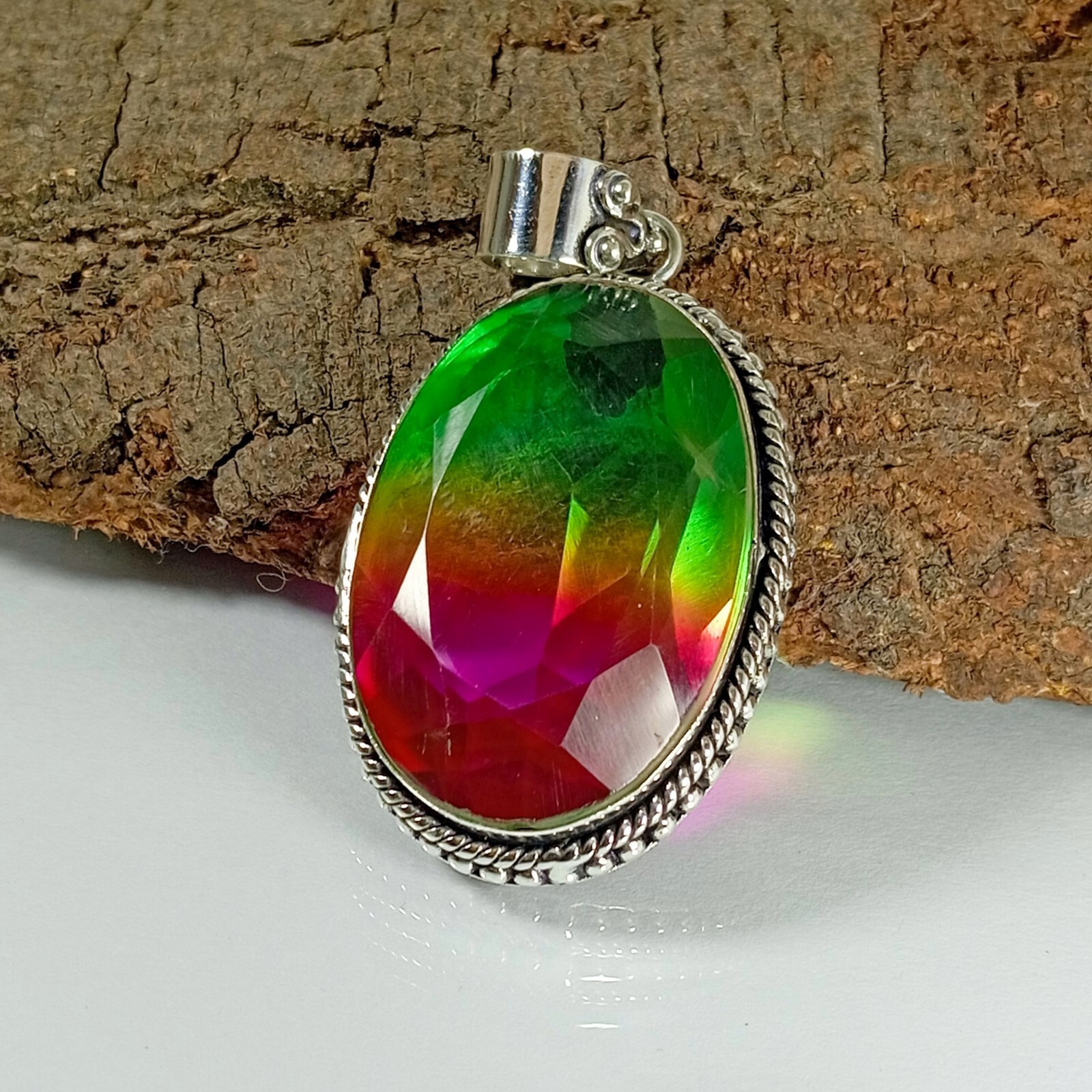 Bi-Color Tourmaline Gemstone Pendant 925 Sterling Silver Jewelry Pendant.