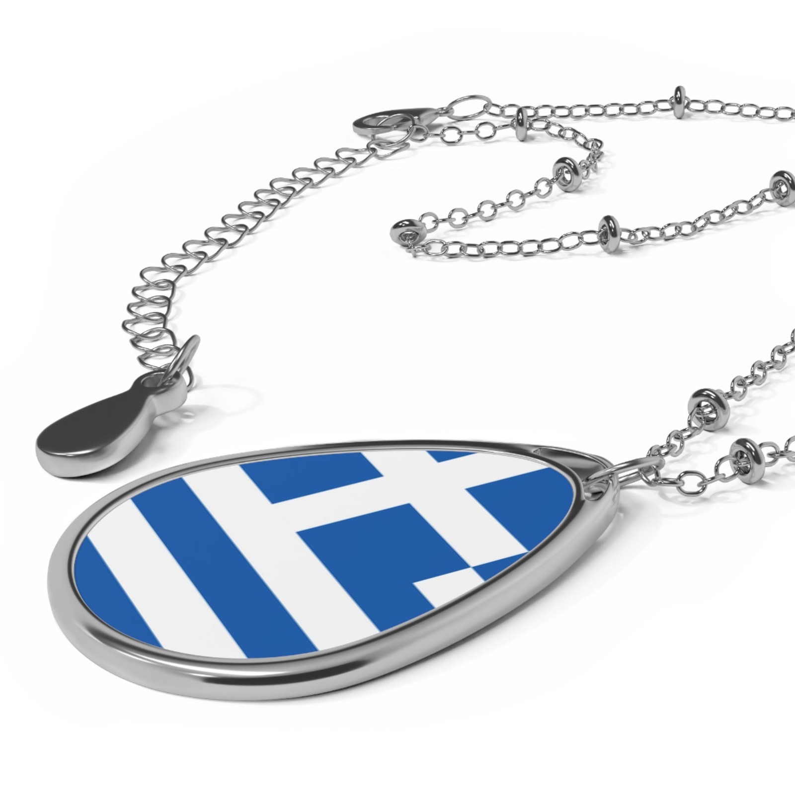 Greece Flag Oval Necklace – Greek Heritage Pendant – One Size / Silver