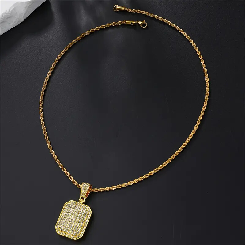HIP HOP ICED SQUARE DOG TAG CUBIC ZIRCONIA PENDANT & ROPE CHAIN BLING NECKLACE