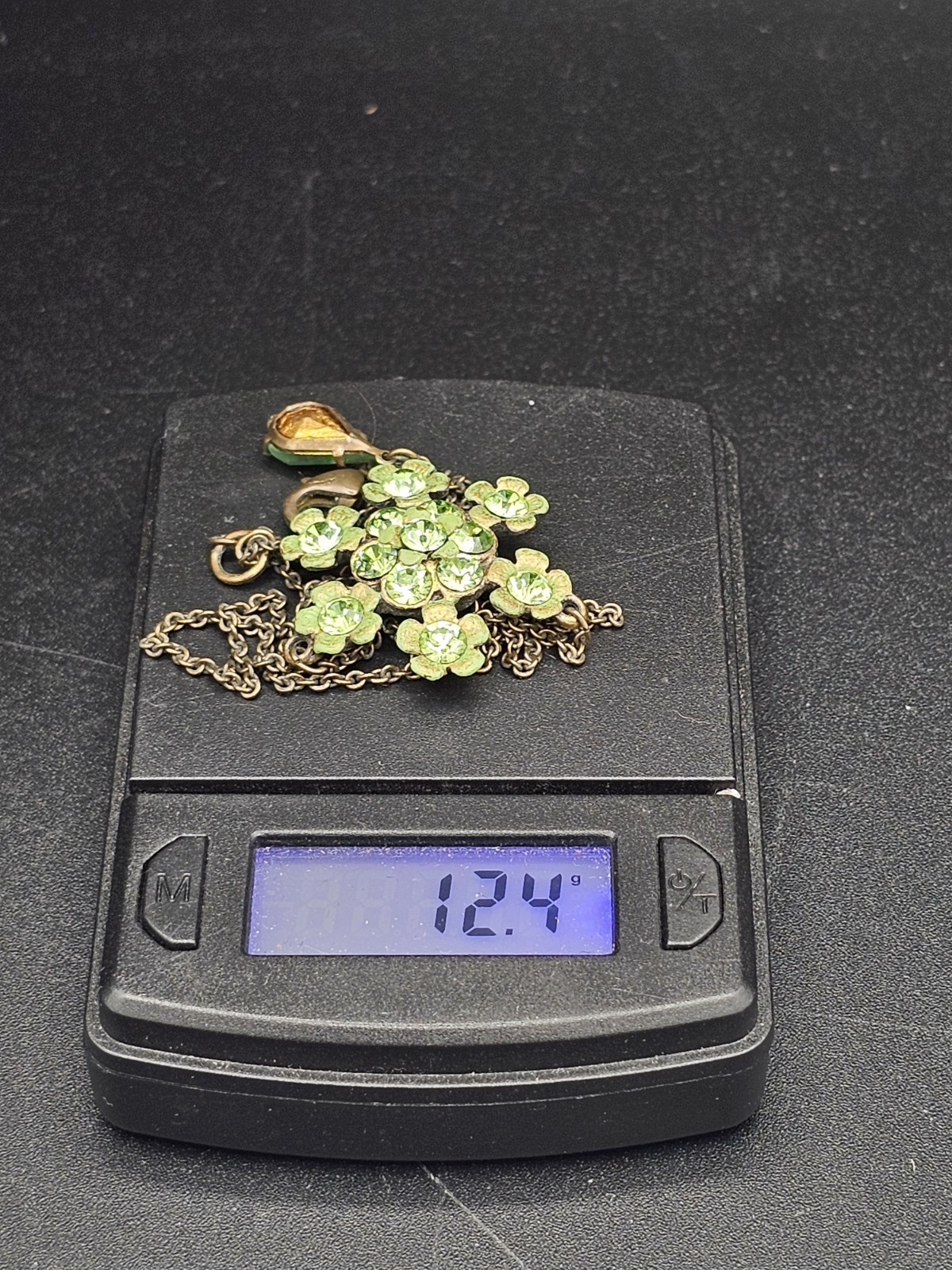 Signed Michal Negrin Peridot Green Swarovski Crystal Floral Necklace Bronze Tone