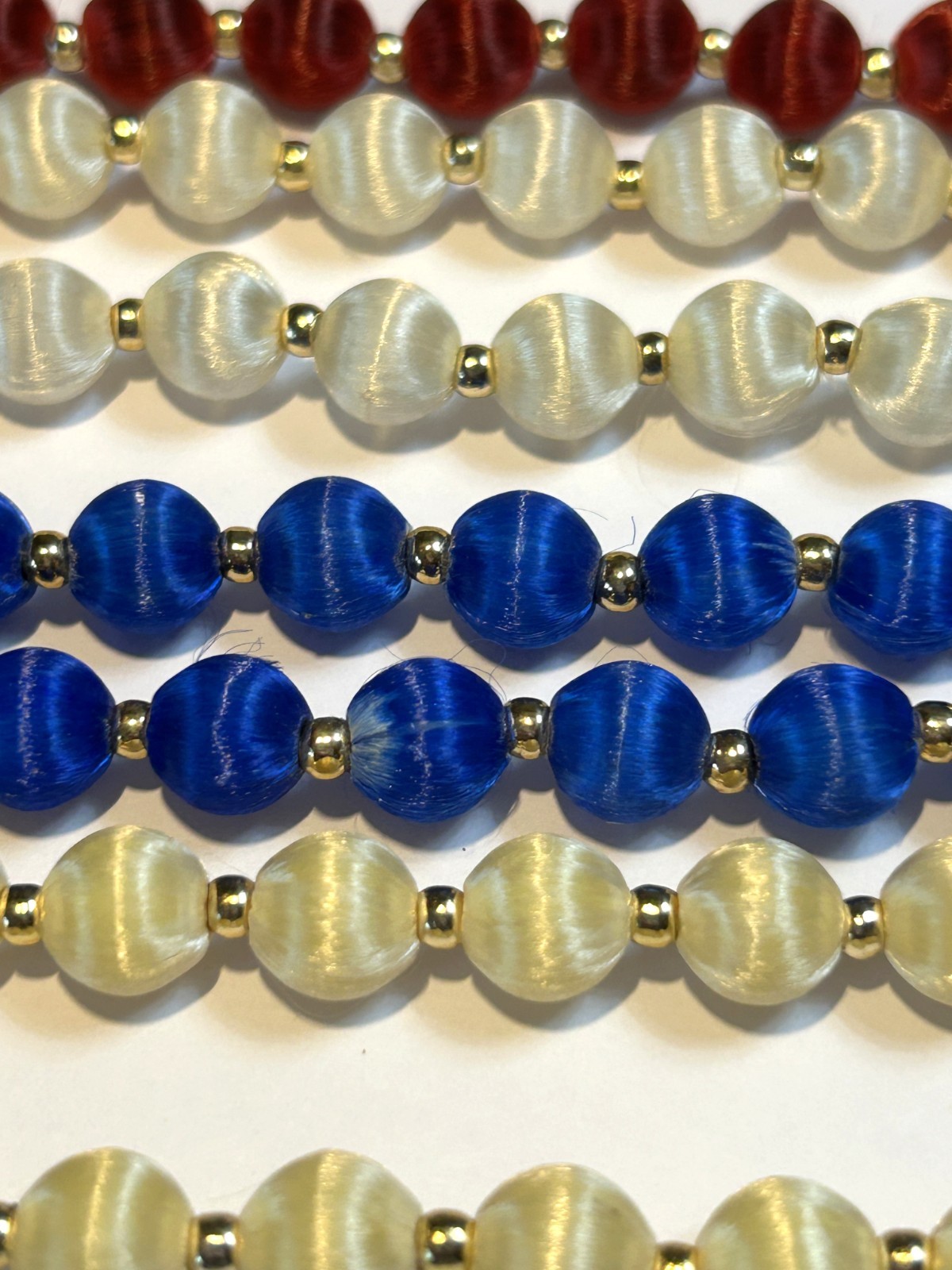 4 Vintage Cream RED WHITE & BLUE Silk Satin Thread Beaded Necklaces 4Th of July