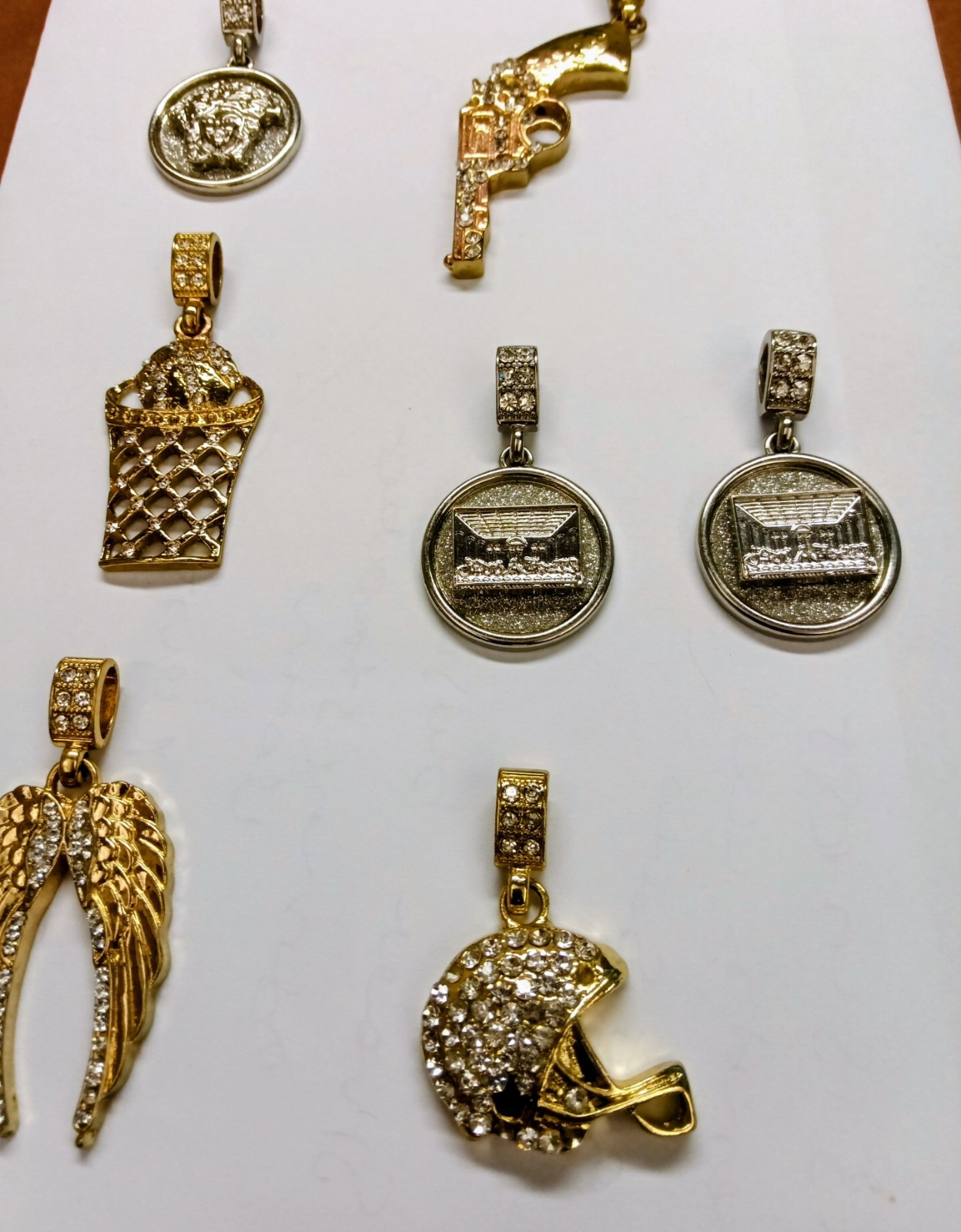 Mixed Gold & Silver Tone Pavé Clear Stone Charm Pendant Lot Of 7, Angels/Sports