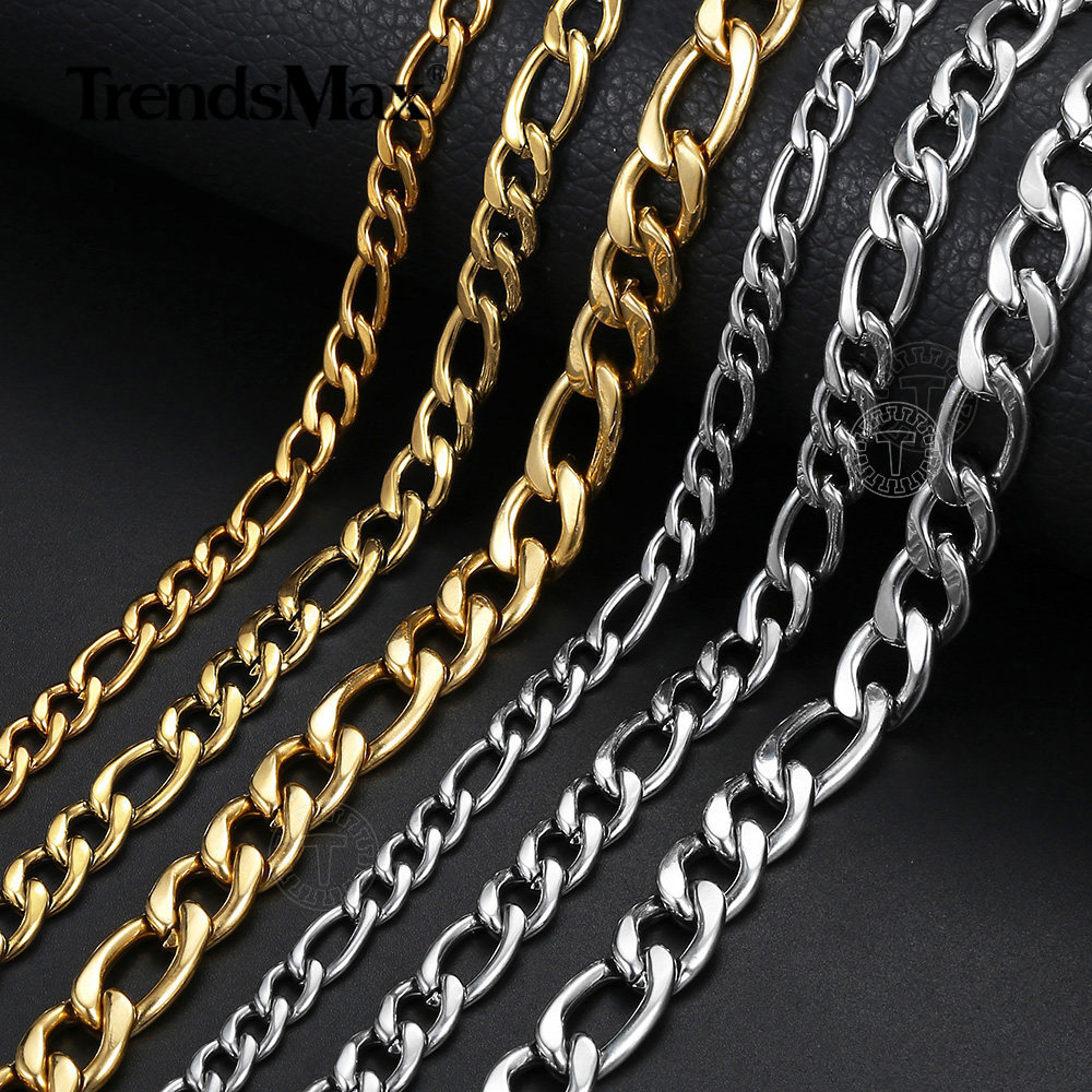 3/5/7/9mm 16″-30″ Gold Plated Stainless Steel Figaro Chain Necklace Men Women