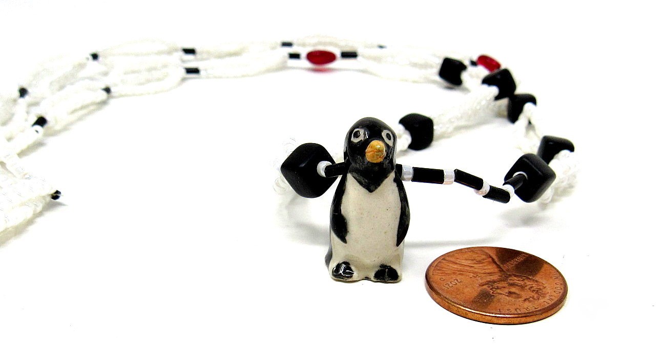 Penguin Beaded Necklace White Red Black Beads 12 inches No Clasp US Seller SNG