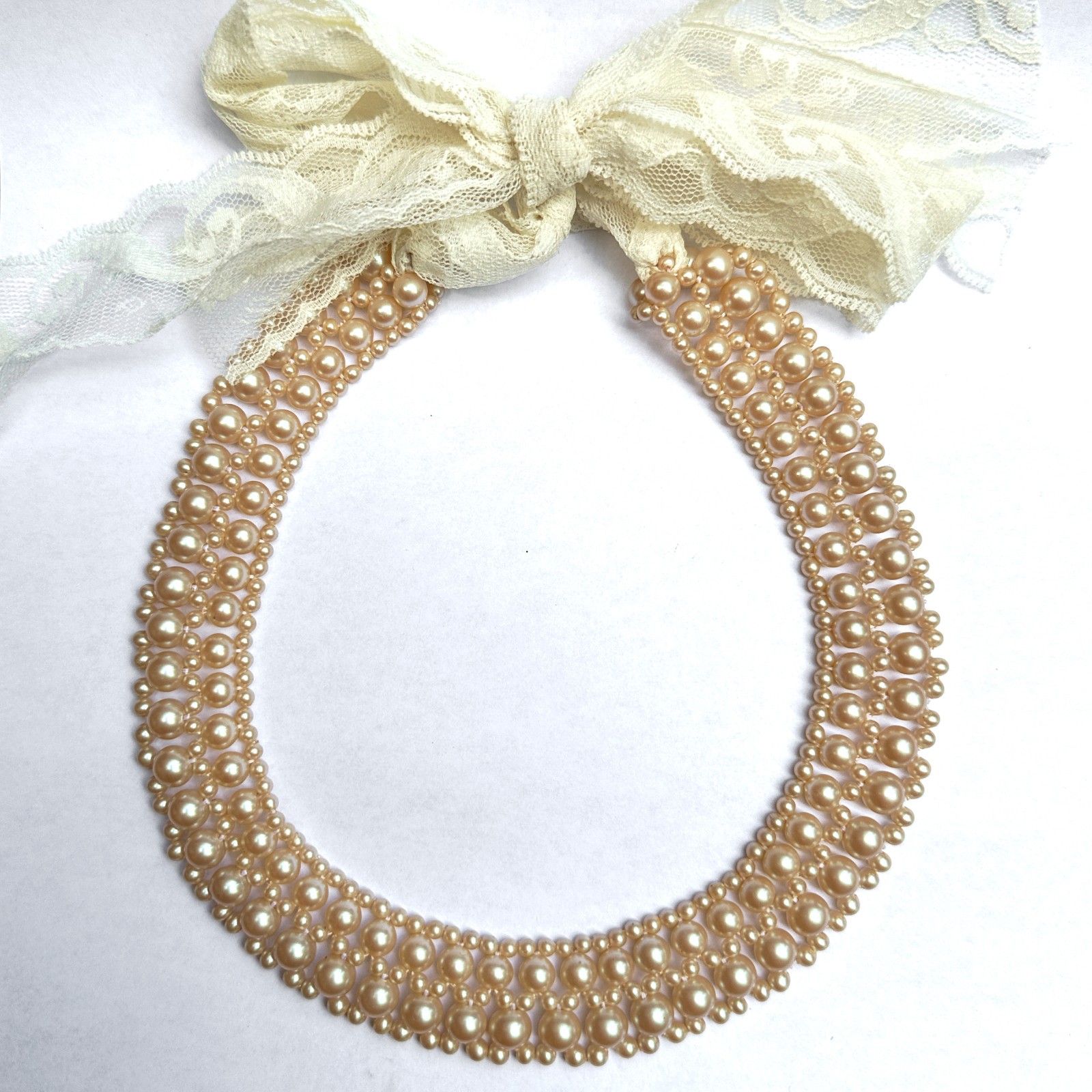 Woven 5-Row Faux Pearl Collar Necklace with Soft, Frothy Vintage Lace Ties