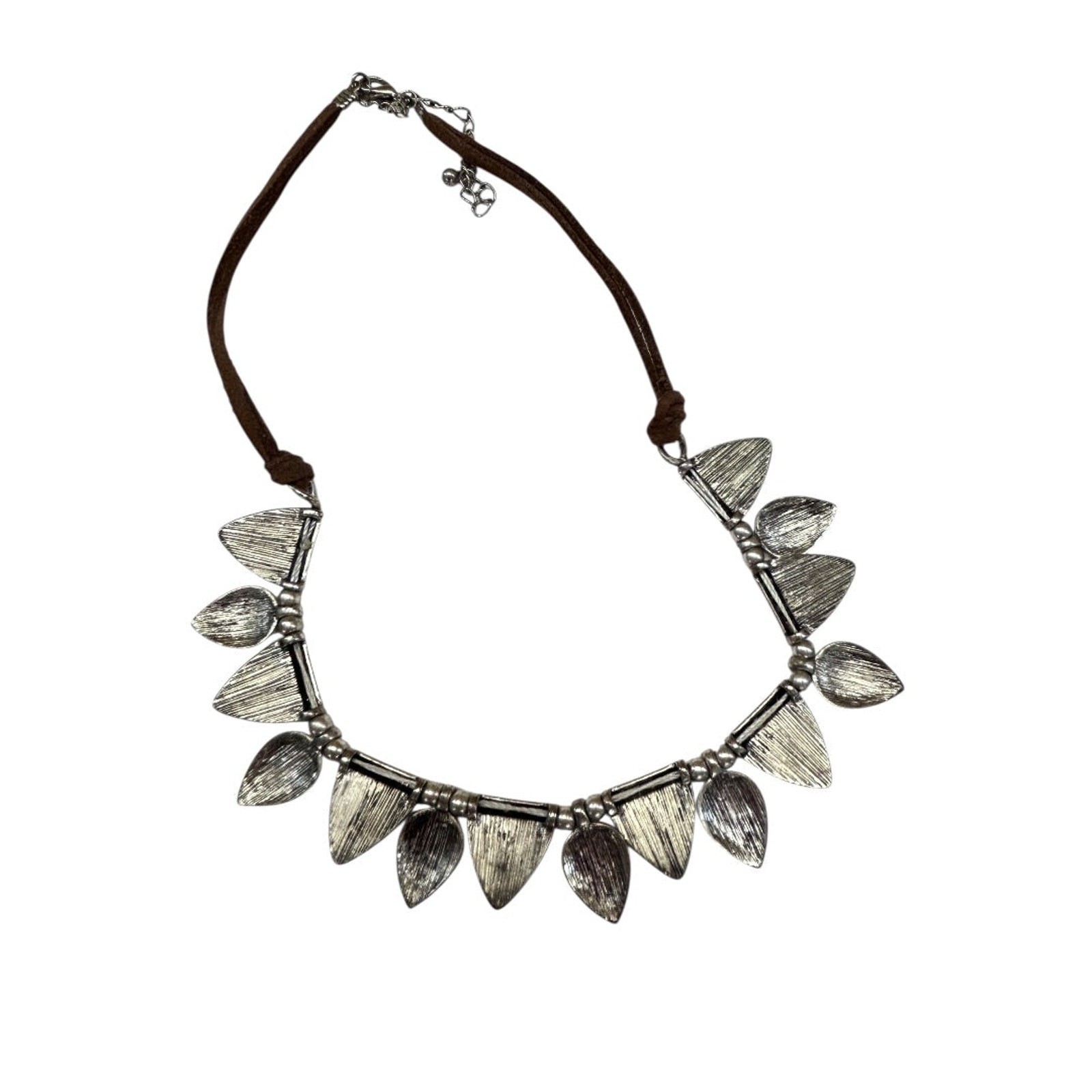 Cord and Metal Southwestern Style Necklace 15.5-18 Inch Silvertone Lobster Clasp
