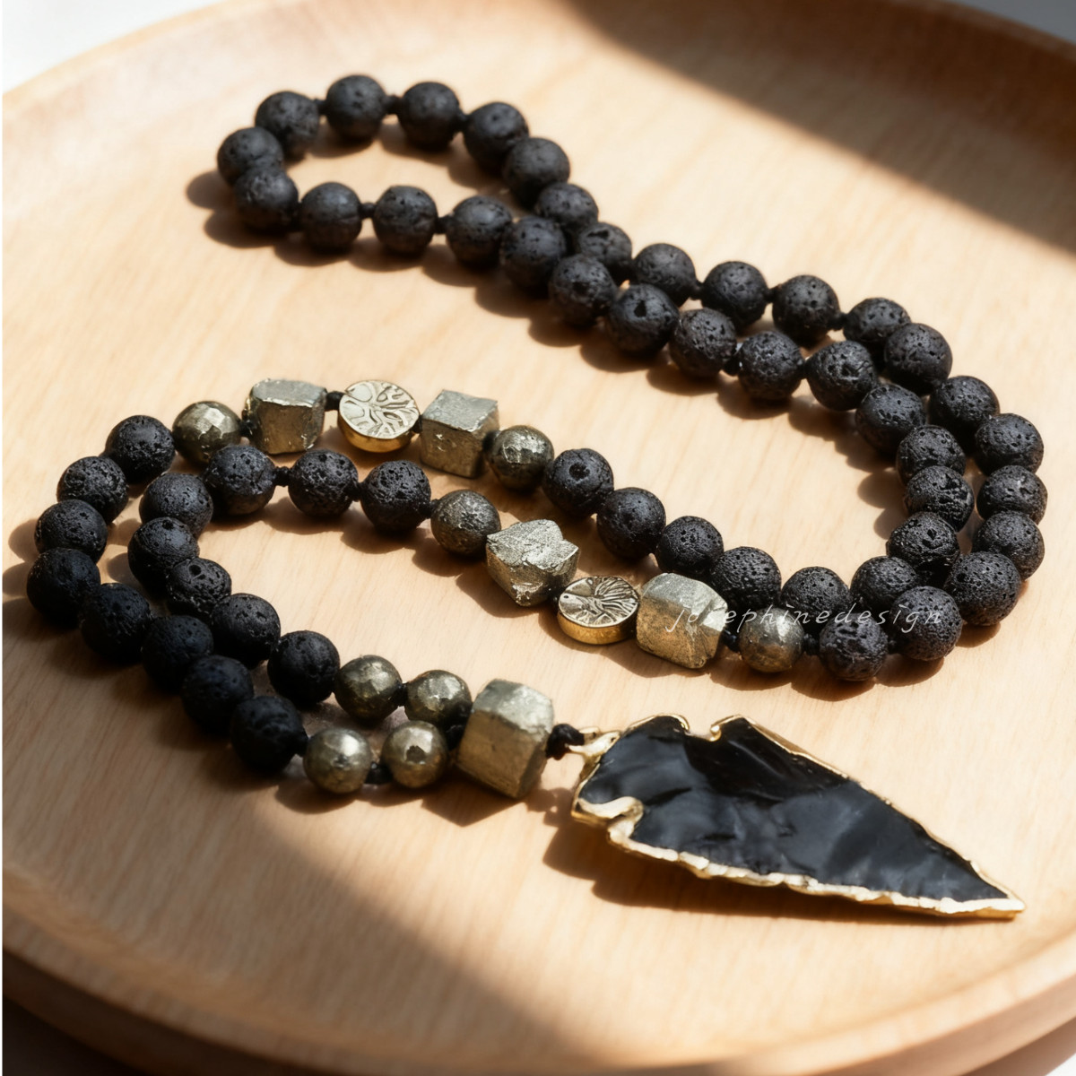 Lava Rock Volcano Stone Beaded Necklace with Natural Obsidian Arrowhead Pendant