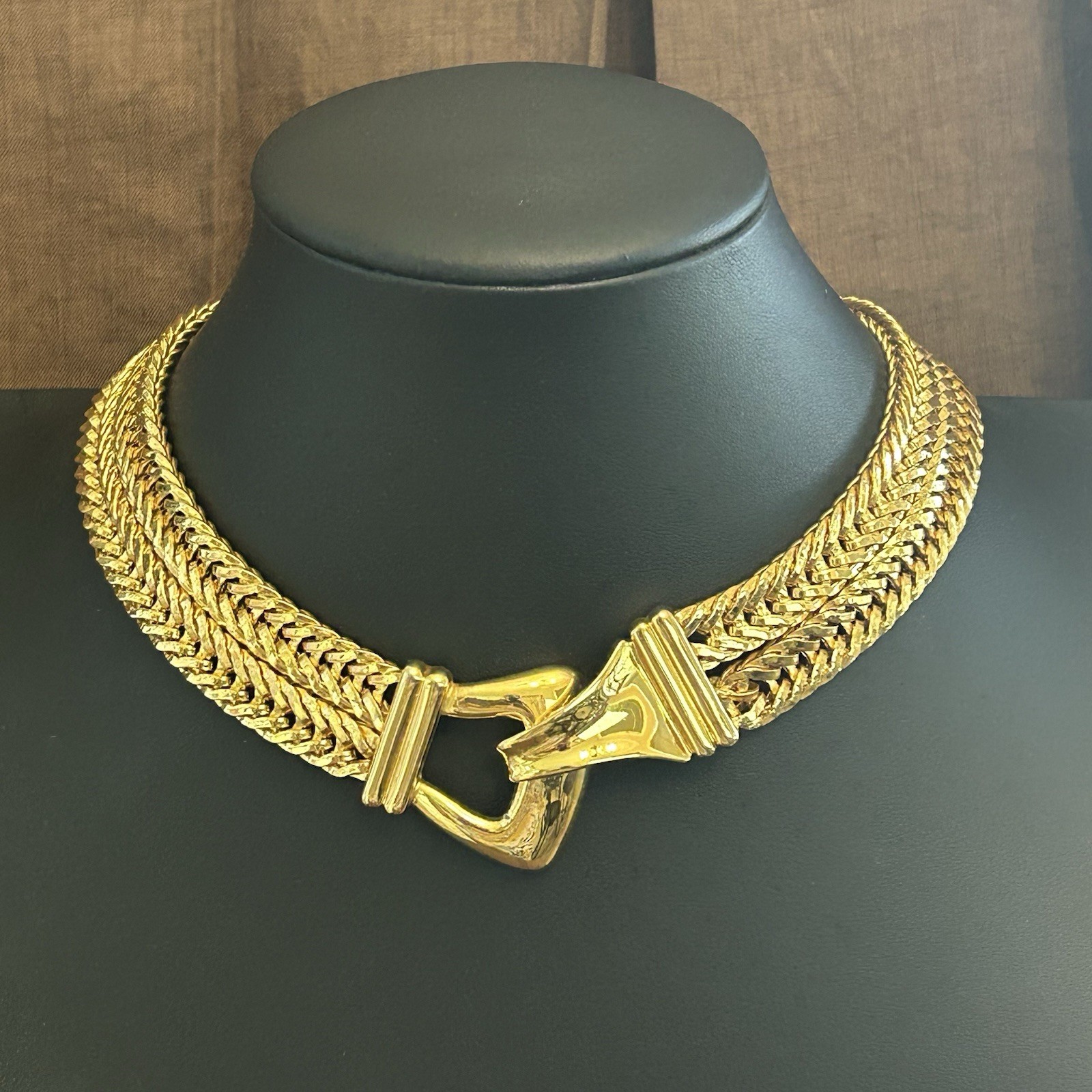 Gold Tone Herringbone Chain Collar Choker Necklace Hook Closure Signed