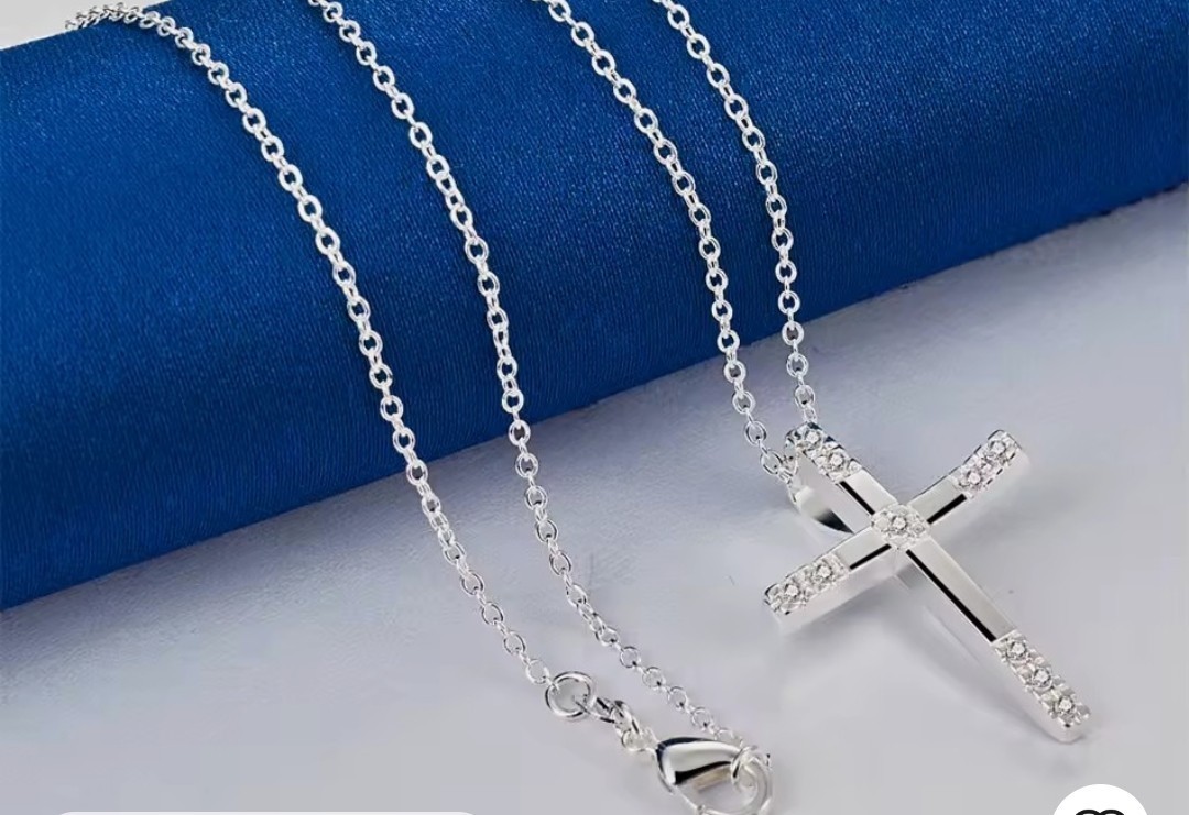 Rhinestone Cross Pendant Necklace Silver Plated Cable Chain, Crystal, Lobster